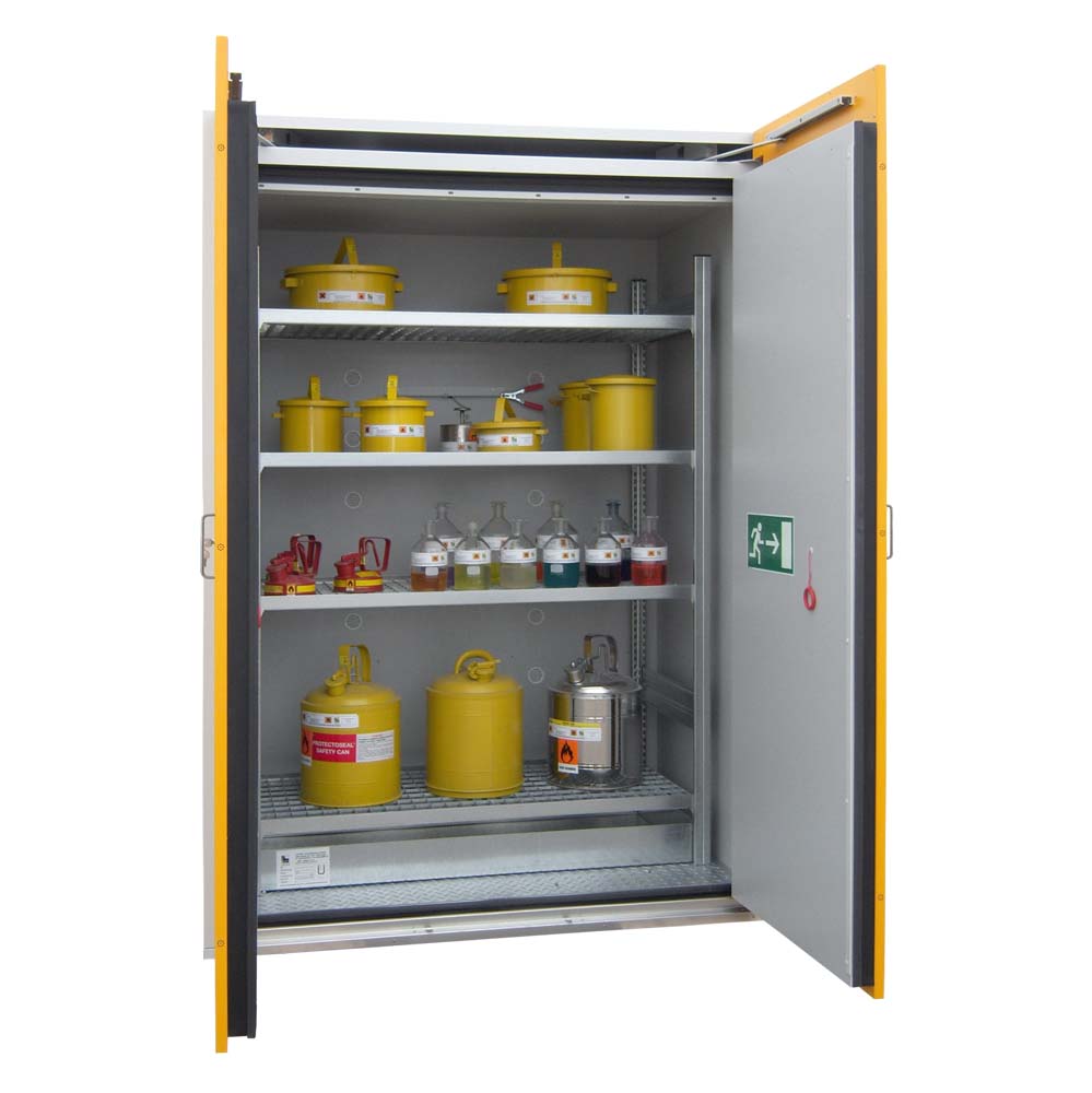 F90 Sicherheitsschrank mit Auffangwanne und Regal, 4 x Gitterrostebenen, Breite 155 cm F90 Sicherheitsschrank für Kleingebinde Produktbild F90 Sicherheitsschrank mit Auffangwanne und Regal, 4 x Gitterrostebenen, Breite 155 cm