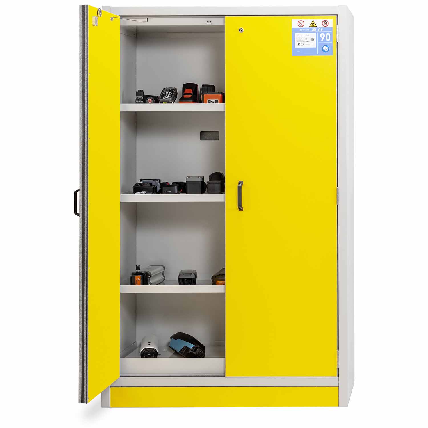 F90 Lithium-Ionen-Akku-Lagerschrank, 4 Lagerebenen, Breite 1200 mm, Höhe 1960 mm F90 Sicherheitsschrank für Lithium-Akkus Produktbild F90 Sicherheitsschrank für Lithium-Akkus, 4 Lagerebenen, Breite 1200 mm, Höhe 1960 mm