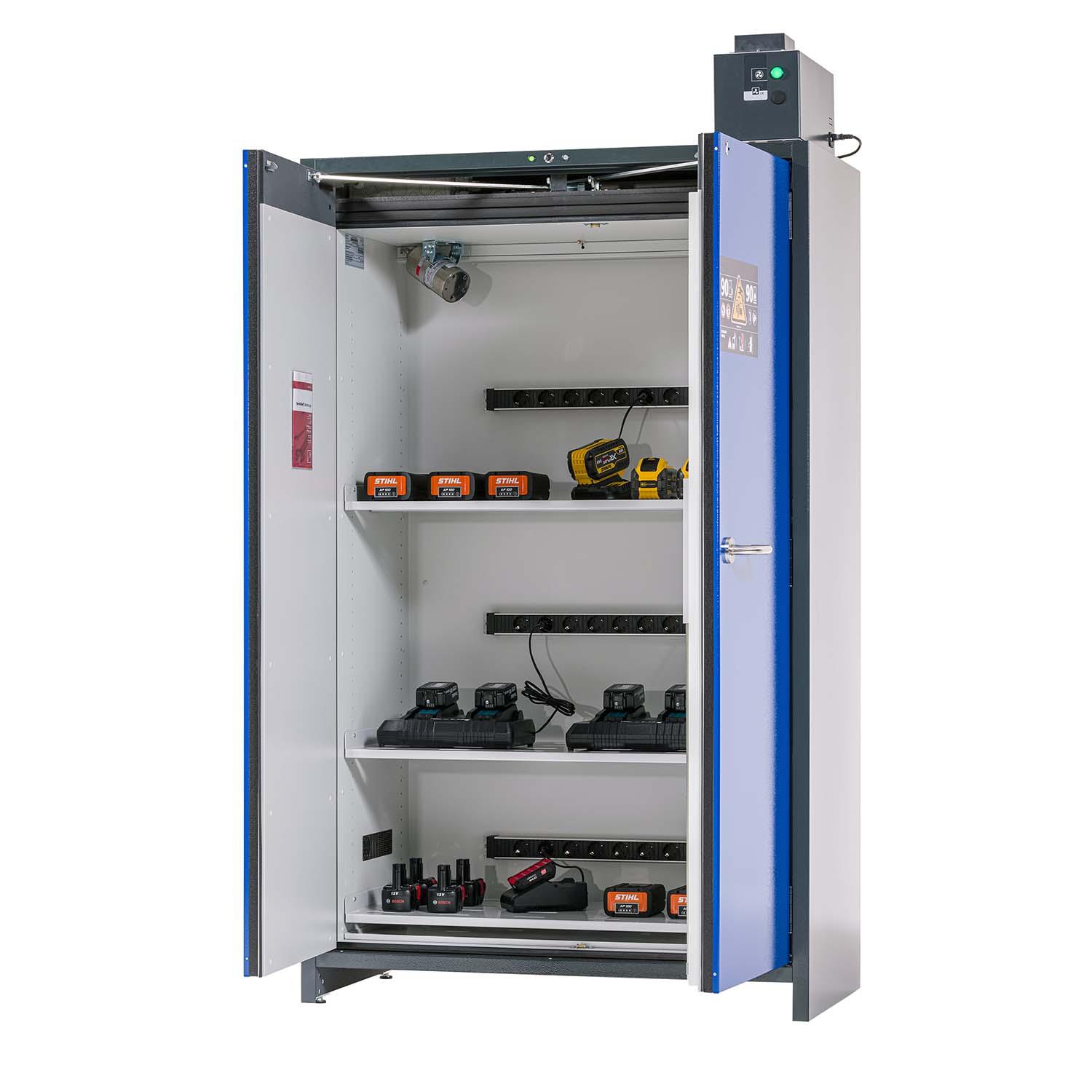 F90 Lithium-Akku-Ladeschrank CHARGEpro, selbstschließende Flügeltüren, Warnsystem, integr. Entlüftungsaufsatz F90 Sicherheitsschrank für Lithium-Akkus Produktbild F90 Lithium-Akku-Ladeschrank CHARGEplus, selbstschließende Flügeltüren, Warnsystem, integr. Entlüftungsaufsatz