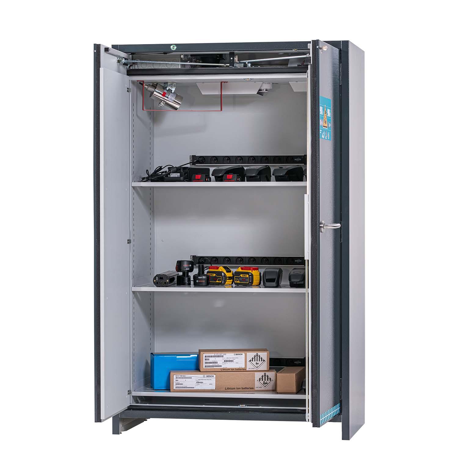 F90 Lithium-Akku-Ladeschrank ULTRA, Flügeltüren mit Tür-Schließautomatik und Einhandbedienung, Warnsystem, integr. Entlüftung F90 Sicherheitsschrank für Lithium-Akkus Produktbild F90 Lithium-Akku-Ladeschrank ULTRA, Flügeltüren mit Tür-Schließautomatik und Einhandbedienung, Warnsystem, integr. Entlüftung