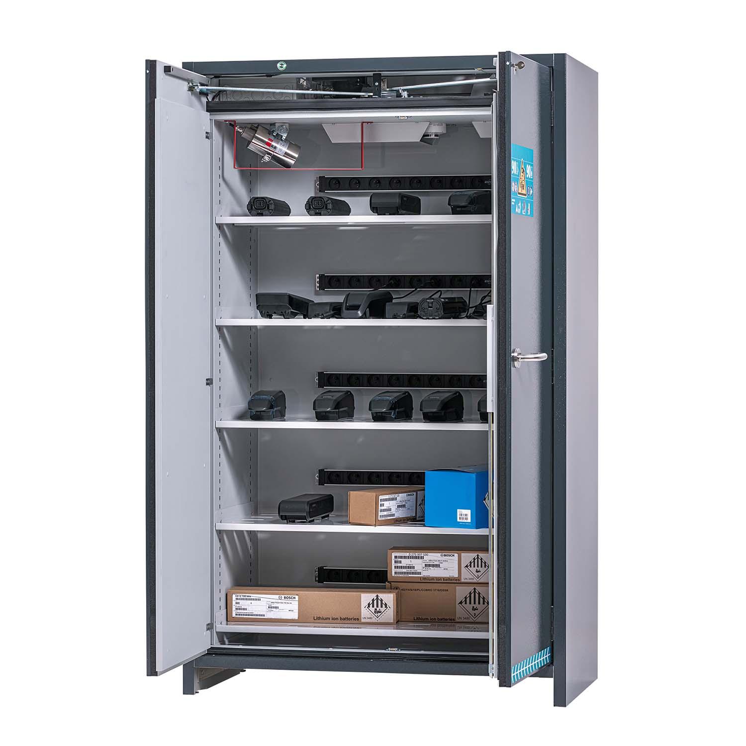 F90 Lithium-Akku-Ladeschrank ULTRA, Flügeltüren mit Tür-Schließautomatik und Einhandbedienung, Warnsystem, integr. Entlüftung F90 Sicherheitsschrank für Lithium-Akkus Produktbild F90 Lithium-Akku-Ladeschrank ULTRA, Flügeltüren mit Tür-Schließautomatik und Einhandbedienung, Warnsystem, integr. Entlüftung