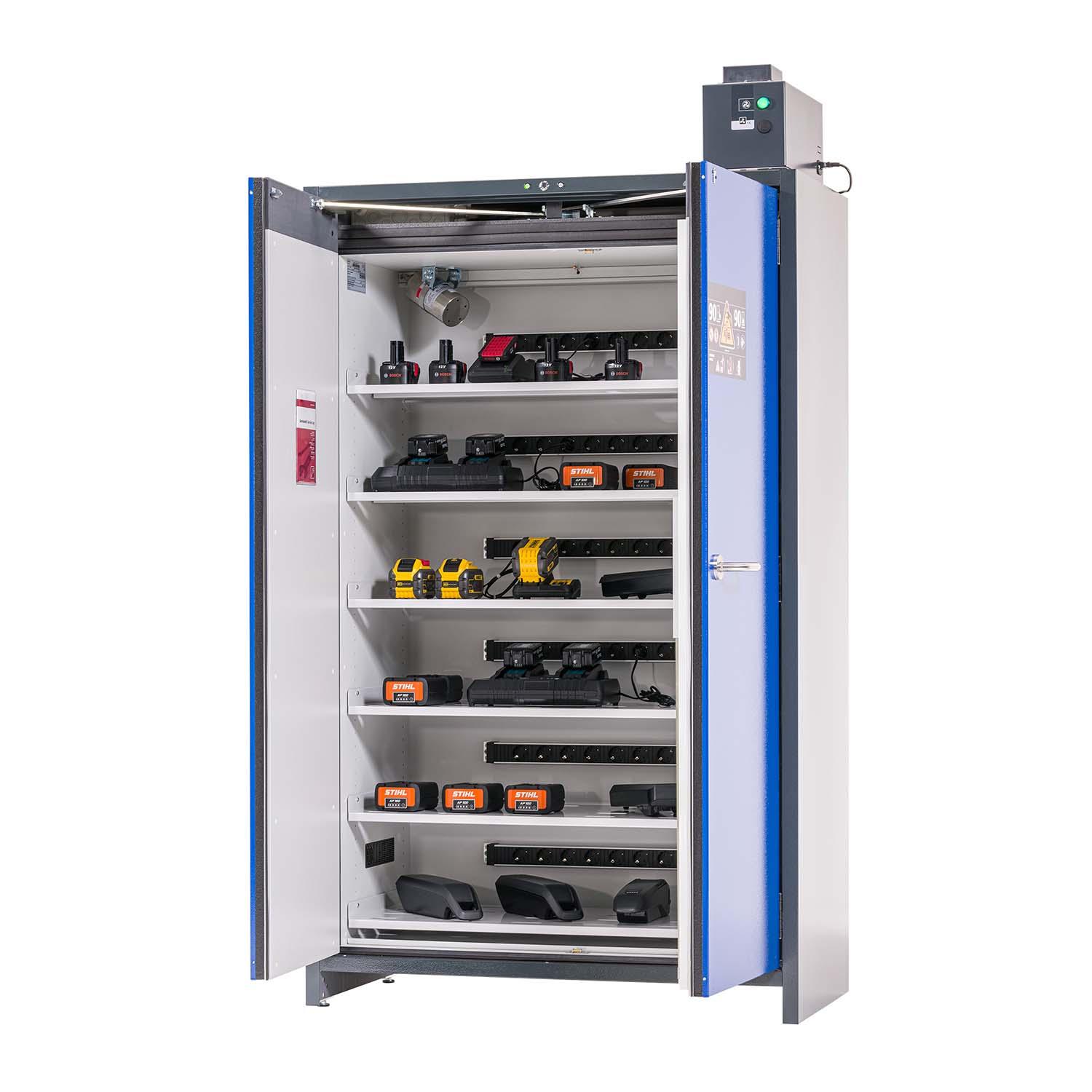 F90 Lithium-Akku-Ladeschrank CHARGEpro, selbstschließende Flügeltüren, Warnsystem, integr. Entlüftungsaufsatz F90 Sicherheitsschrank für Lithium-Akkus Produktbild F90 Lithium-Akku-Ladeschrank CHARGEplus, selbstschließende Flügeltüren, Warnsystem, integr. Entlüftungsaufsatz