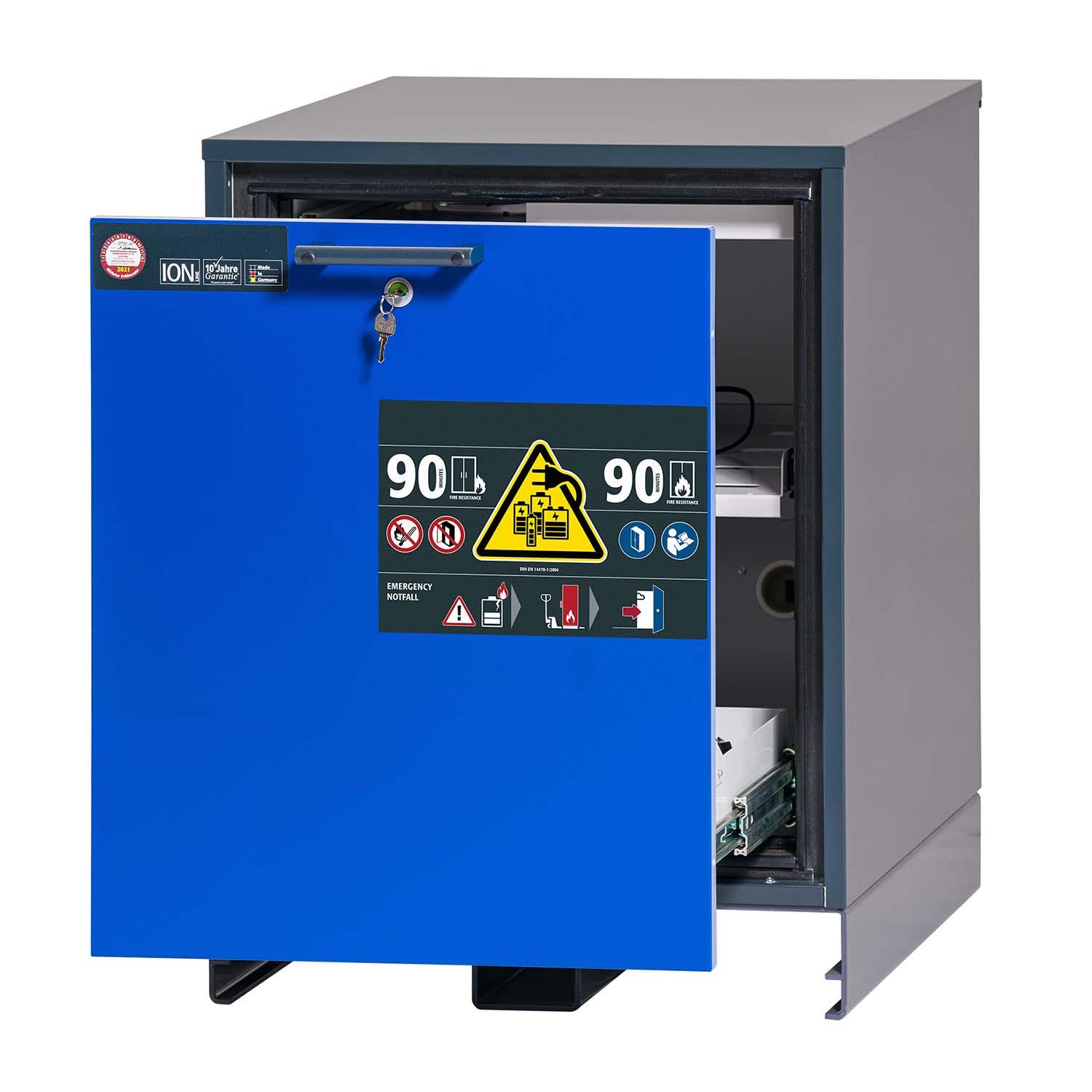 F90 Lithium-Akku-Unterbau-Ladeschrank CHARGE UB, selbstschließende Schublade, mit Brandwarnsystem, integr. Entlüftung F90 Sicherheitsschrank für Lithium-Akkus Produktbild F90 Lithium-Akku-Unterbau-Ladeschrank CHARGE UB, selbstschließende Schublade, mit Brandwarnsystem, integr. Entlüftung