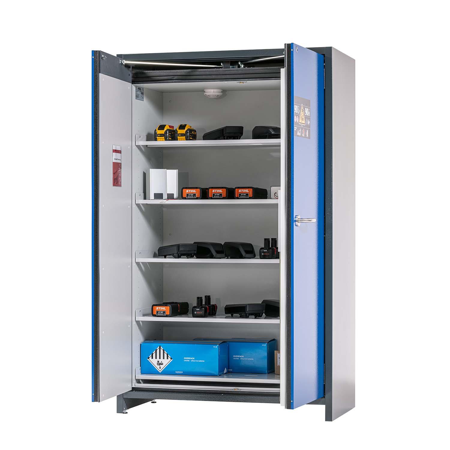 F90 Lithium-Akku-Lagerschrank STOREcore, selbstschließende Flügeltüren, mit Brandwarnsystem F90 Sicherheitsschrank für Lithium-Akkus Produktbild F90 Lithium-Akku-Lagerschrank STOREcore, selbstschließende Flügeltüren, mit Brandwarnsystem