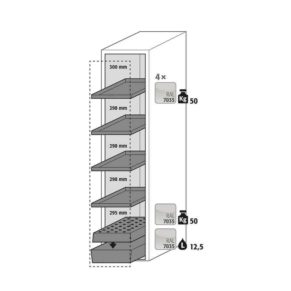 F90 Sicherheitsschrank mit Vertikalauszug, Fachböden, 1 Bodenwanne, Tür-Schließ-Automatik, 449x860x1966mm, Edelstahl-Tür F90 Hochschränke mit Vertikalauszug Produktbild F90 Sicherheitsschrank mit Vertikalauszug, 4 Fachböden, 1 Bodenwanne, Tür-Schließ-Automatik, 449x860x1966mm