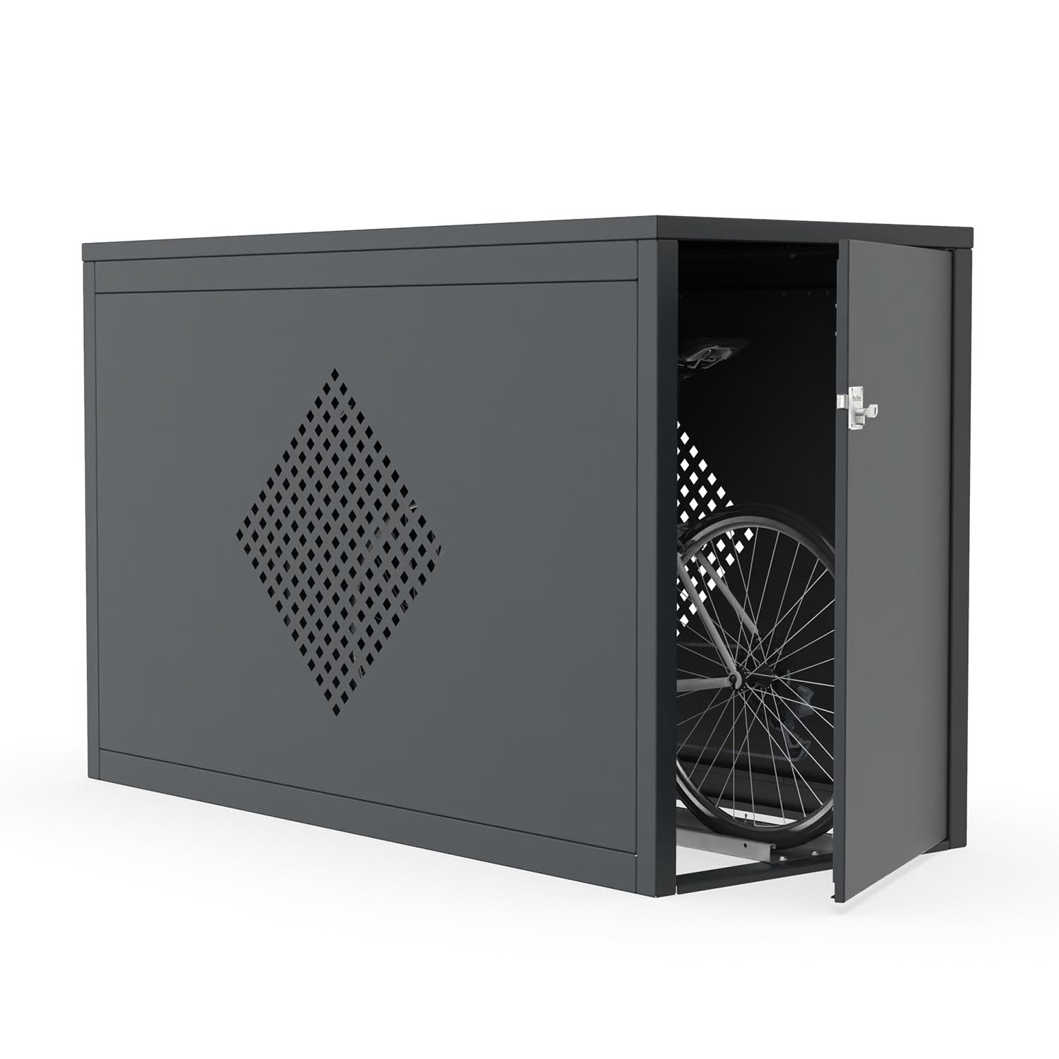Fahrradbox mit Flachdach, 1 Stellplatz, starre Einlaufschiene, RAL 7016 Fahrradbox Produktbild Fahrradbox mit Flachdach, 1 Stellplatz, ohne Einlaufschiene, RAL 7016, Muster Rechteck