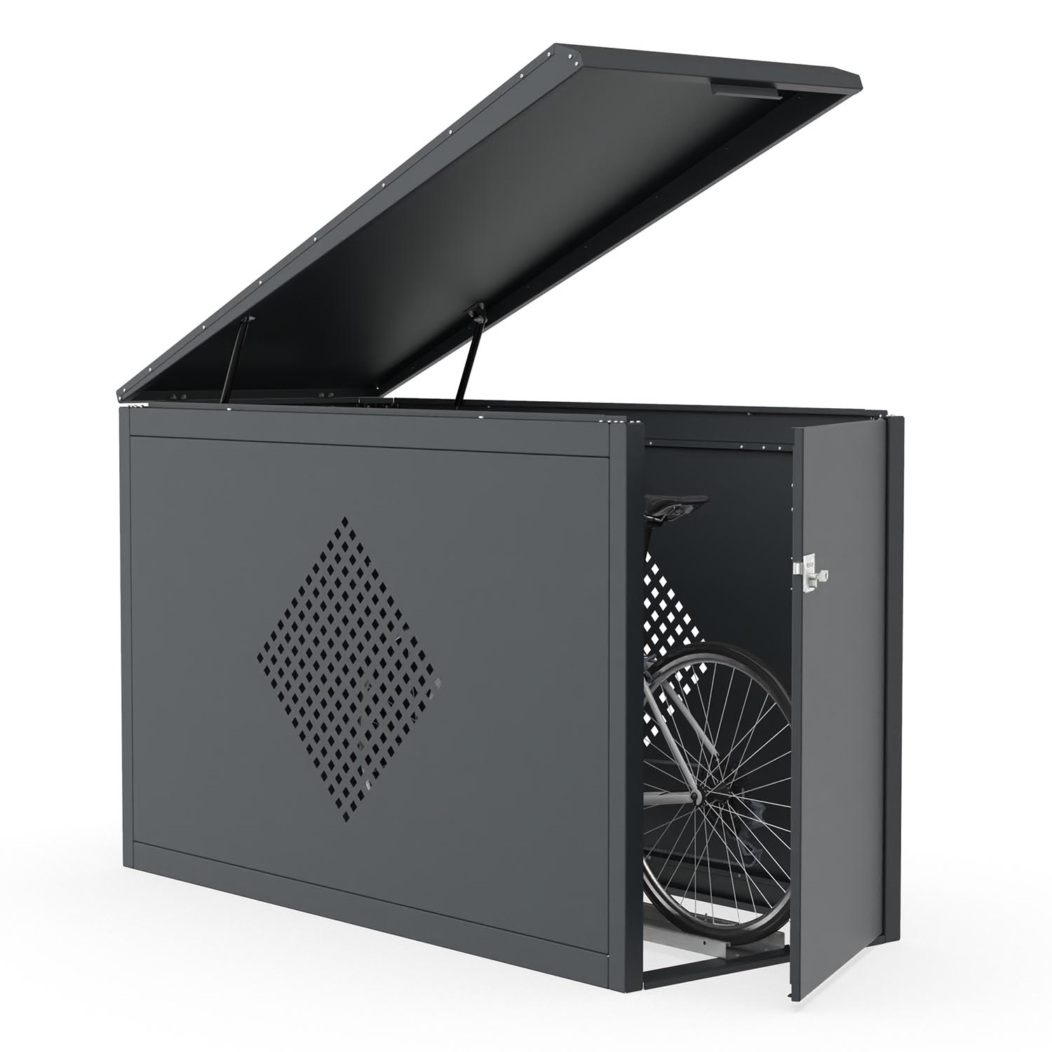 Premium Fahrradbox mit aufklappbarem Pultdach, 1 Stellplatz, starre Einlaufschiene, RAL 7016 Fahrradbox Produktbild Premium Fahrradbox mit aufklappbarem Pultdach, 1 Stellplatz, ohne Einlaufschiene, RAL 7016, Muster Rechteck