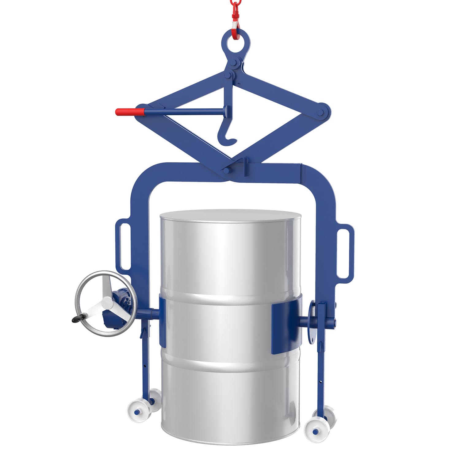 Fass-Kippgreifer für 200 l Fässer mit Getriebe Fass-Kippgreifer (Scherengreifer) Produktbild Fass-Kippgreifer mit Getriebe und Handrad