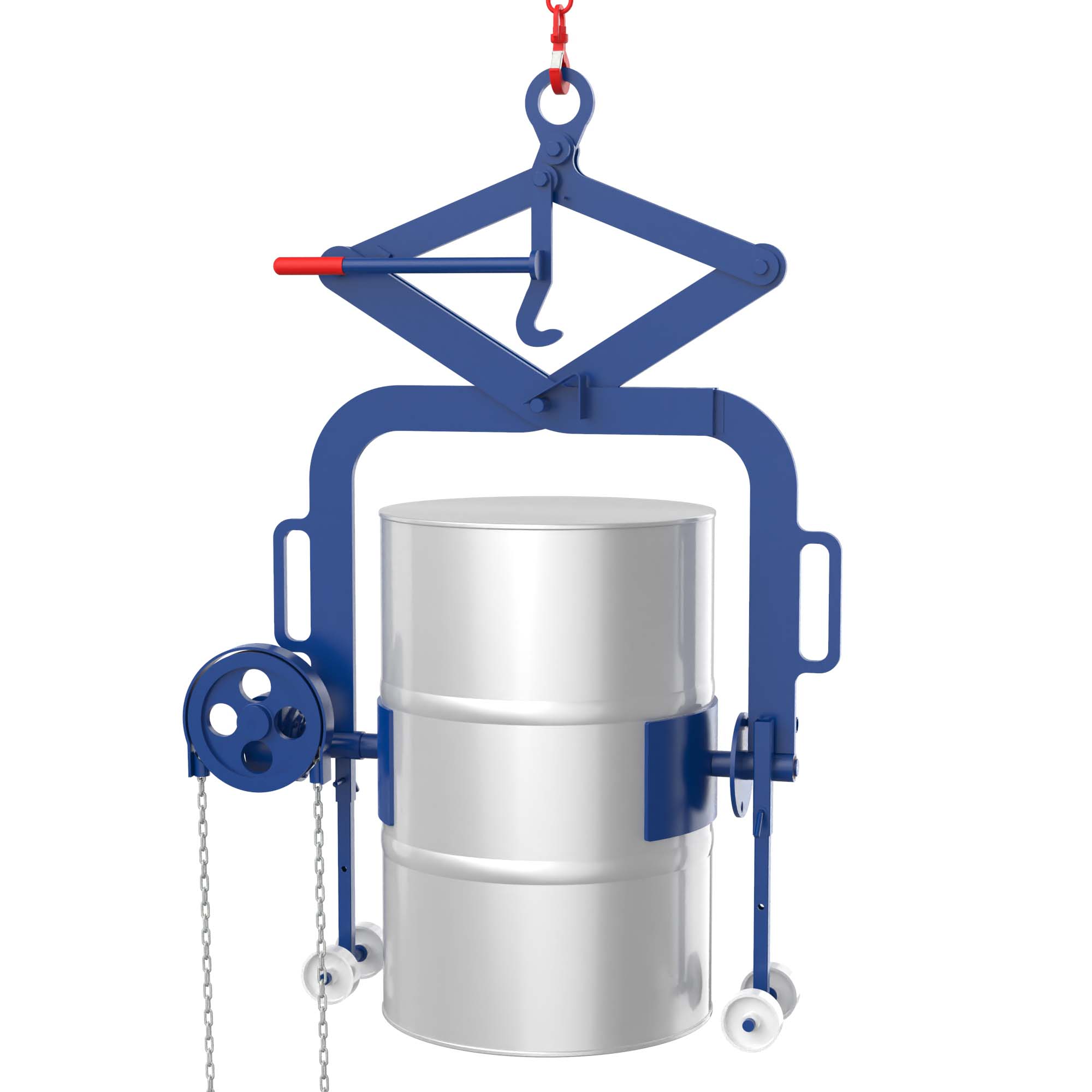 Fass-Kippgreifer für 200 l Fässer mit Getriebe Fass-Kippgreifer (Scherengreifer) Produktbild Fass-Kippgreifer mit Getriebe und Haspelkette
