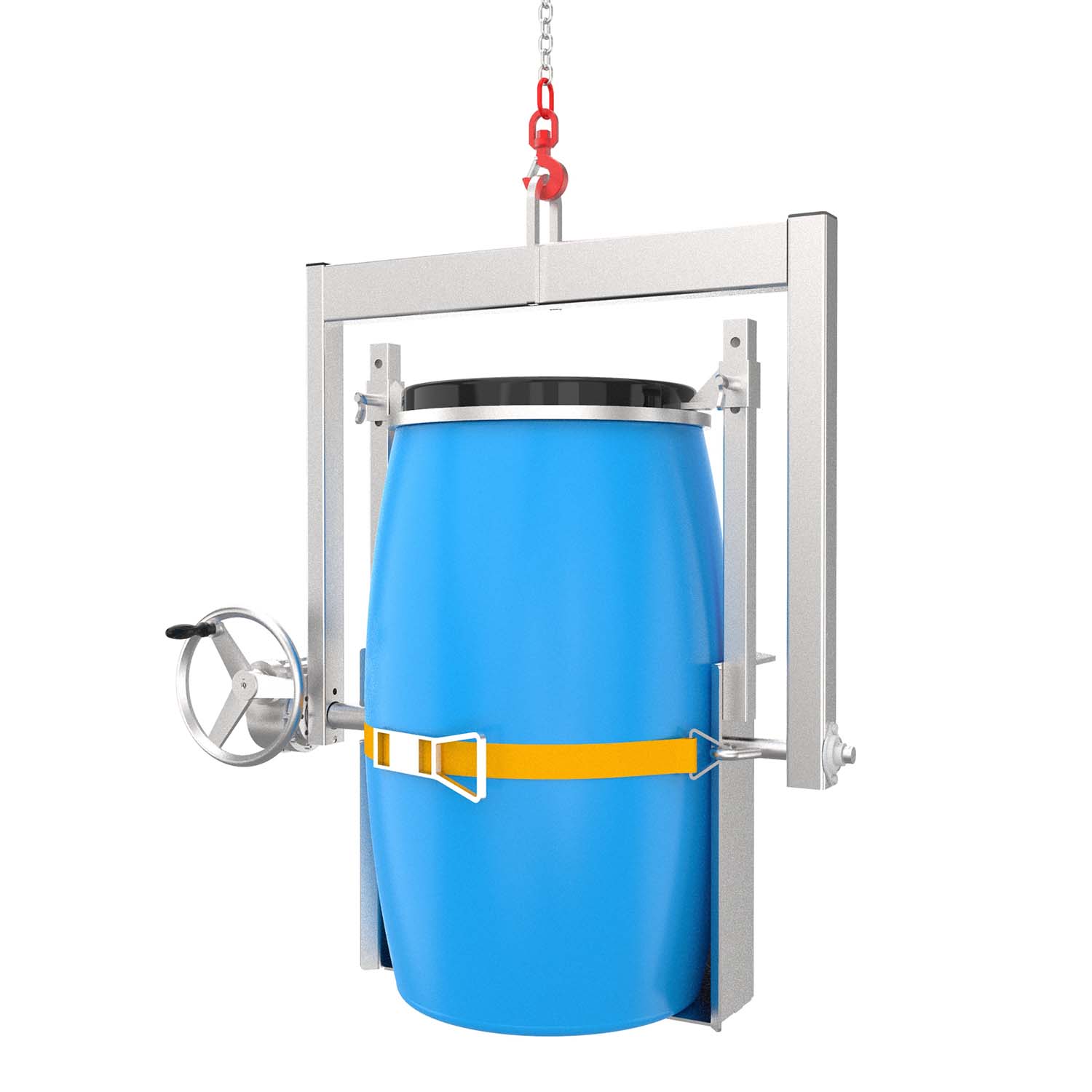 Fass-Kipptraverse aus Edelstahl (V2A) mit Handrad, Aufnahmekorb für stehende 200 l Stahl- und Kunststofffässer Fasshandling-Geräte aus Edelstahl Produktbild Fass-Kipptraverse aus Edelstahl (V2A) mit Handrad, Aufnahmekorb für stehende 200 l Stahl- und Kunststofffässer