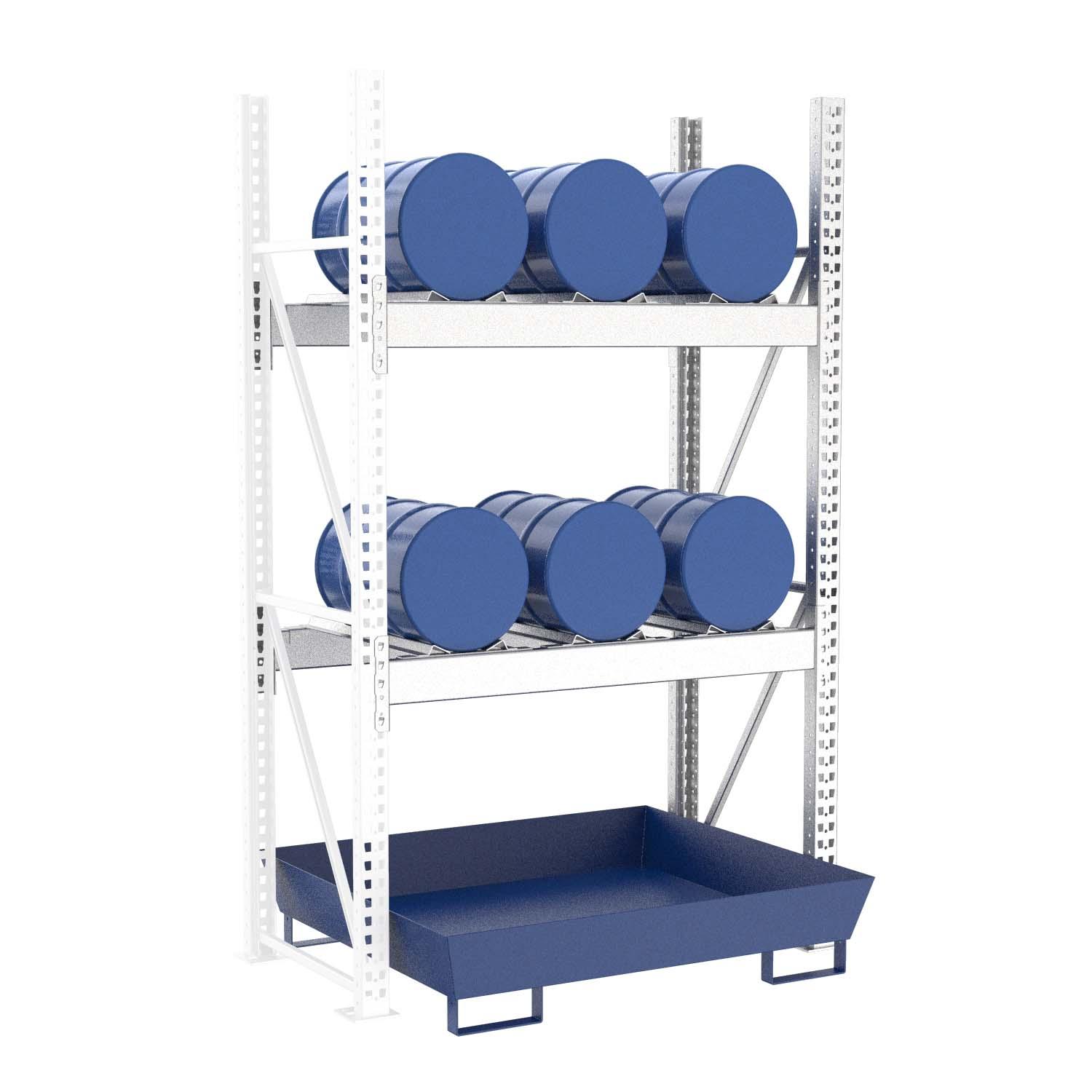 Fassregal mit lackierter Stahlauffangwanne, Anbaueinheit, 2 Ebenen, 6 x 60 l liegend Fassregale Produktbild Fassregal mit lackierter Stahlauffangwanne, Anbaueinheit, 2 Ebenen, 6 x 60 l liegend