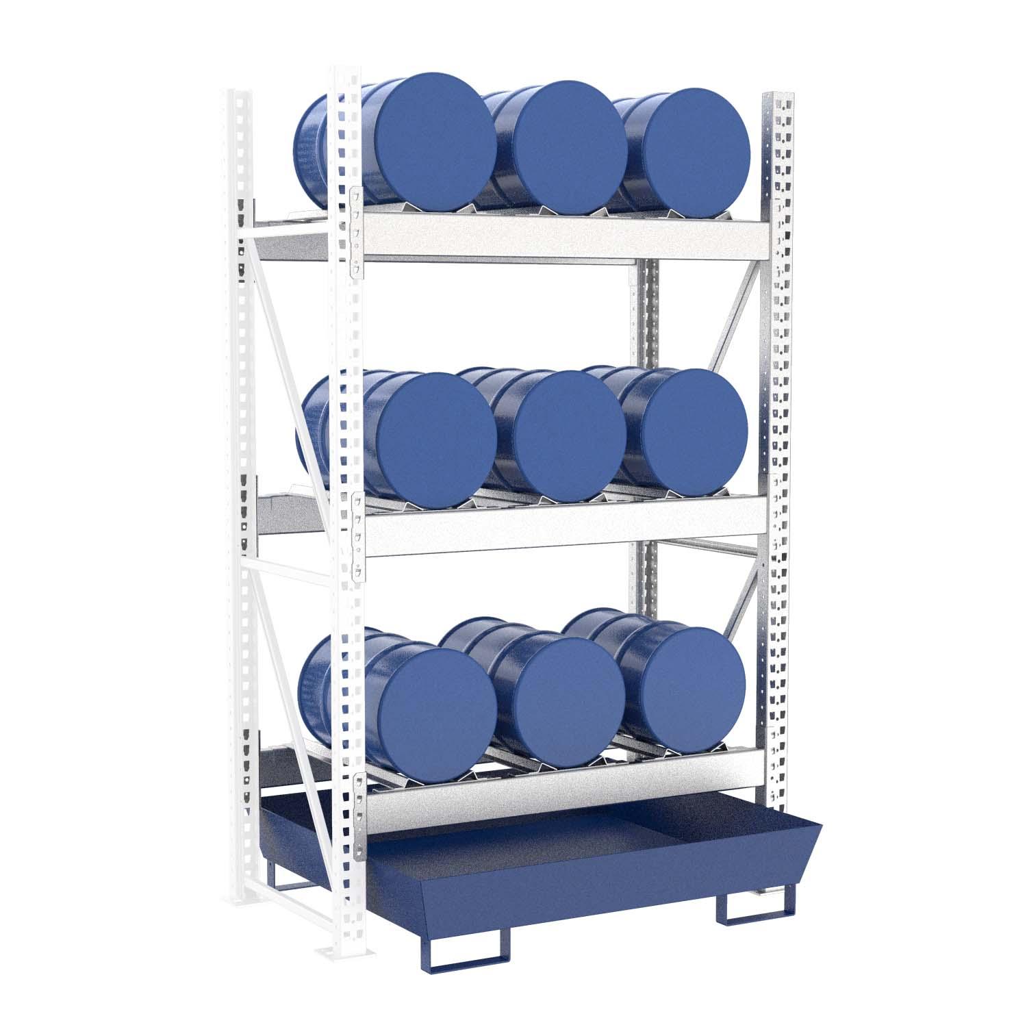 Fassregal mit lackierter Stahlauffangwanne, Anbaueinheit, 3 Ebenen, 9 x 60 l liegend Fassregale Produktbild Fassregal mit lackierter Stahlauffangwanne, Anbaueinheit, 3 Ebenen, 9 x 60 l liegend
