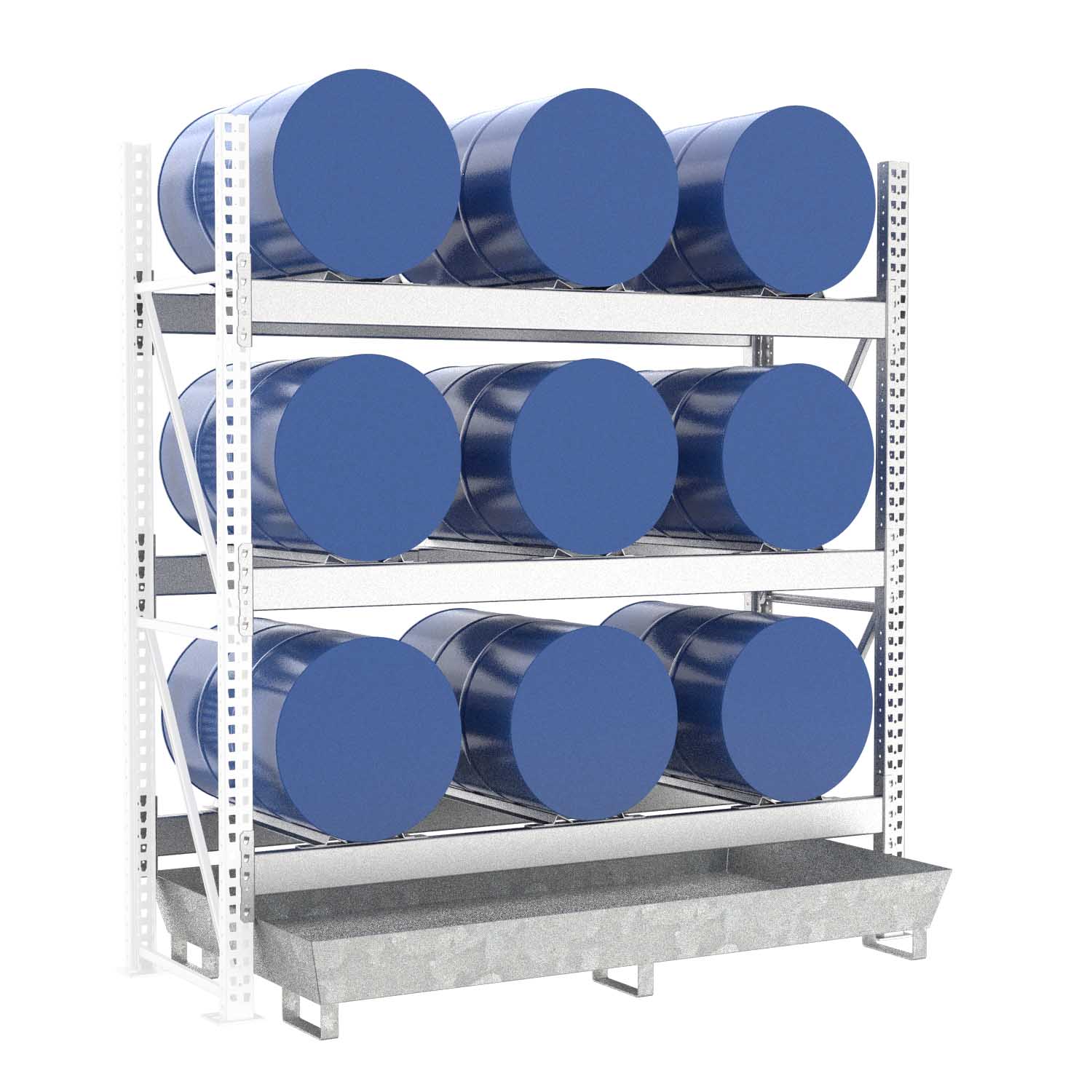 Fassregal mit Stahlauffangwanne, Anbaueinheit, 3 Ebenen, 9 x 200 l liegend Fassregale Produktbild Fassregal mit Stahlauffangwanne, Anbaueinheit, 3 Ebenen, 9 x 200 l liegend