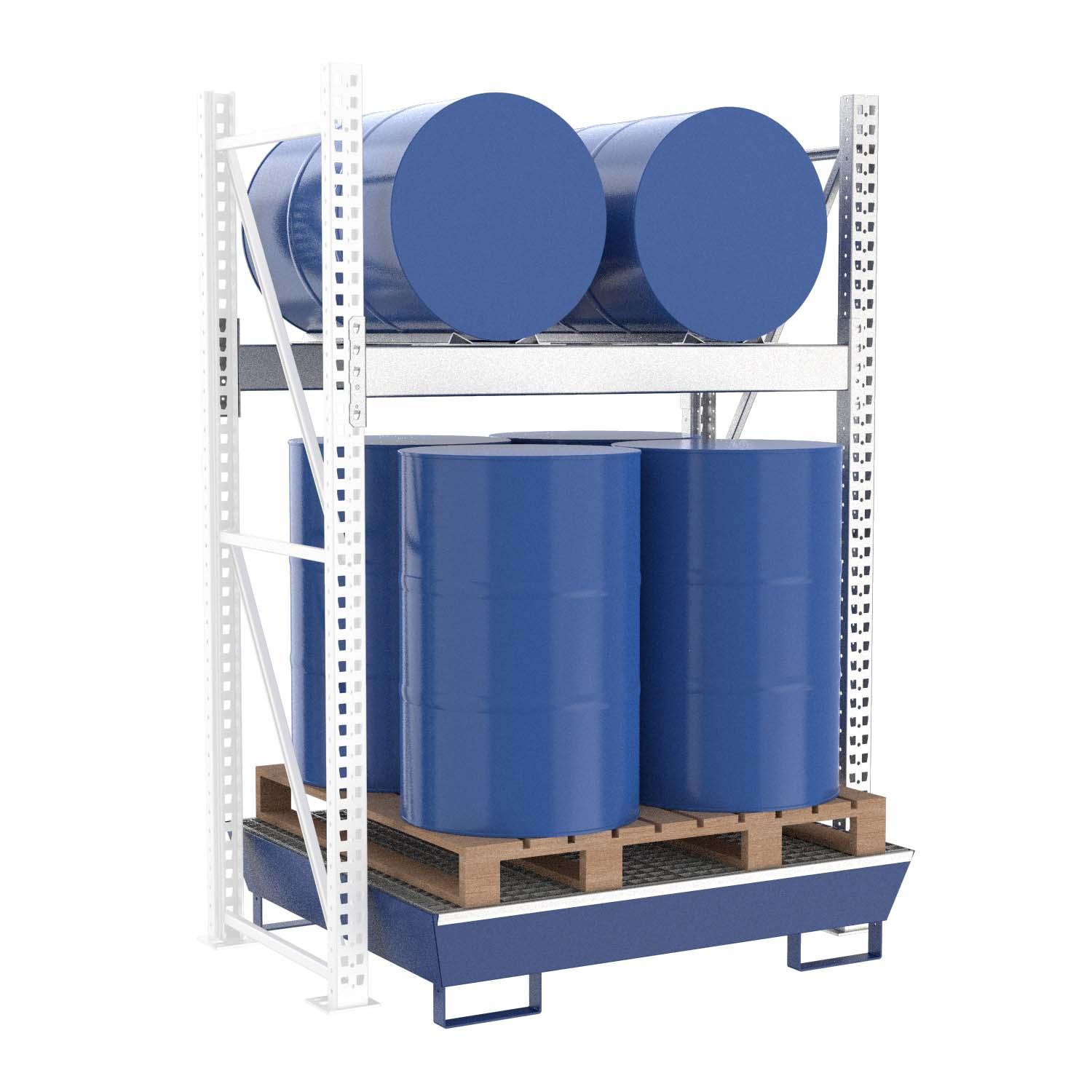 Fassregal mit lackierter Stahlauffangwanne, Anbaueinheit, 2 Ebenen, 2 x 200 l liegend / 4 x 200 l stehend Fassregale Produktbild Fassregal mit lackierter Stahlauffangwanne, Anbaueinheit, 2 Ebenen, 2 x 200 l liegend / 4 x 200 l stehend