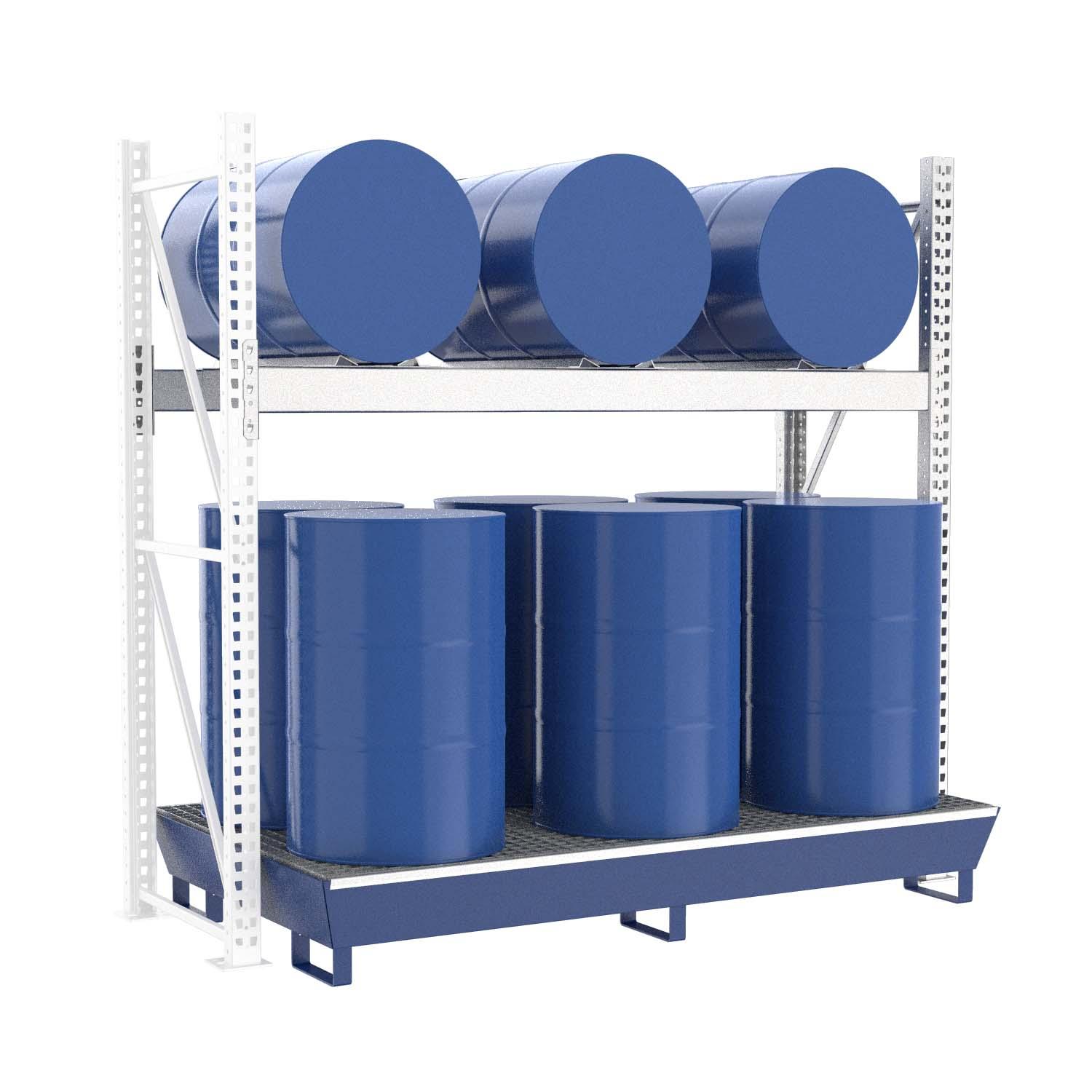 Fassregal mit lackierter Stahlauffangwanne, Anbaueinheit, 2 Ebenen, 3 x 200 l liegend / 6 x 200 l stehend Fassregale Produktbild Fassregal mit lackierter Stahlauffangwanne, Anbaueinheit, 2 Ebenen, 3 x 200 l liegend / 6 x 200 l stehend