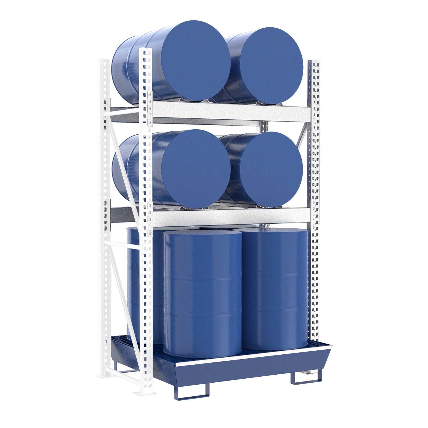 Fassregal mit lackierter Stahlauffangwanne, Anbaueinheit, 3 Ebenen, 4 x 200 l liegend / 4 x 200 l stehend Fassregale Produktbild Fassregal mit lackierter Stahlauffangwanne, Anbaueinheit, 3 Ebenen, 4 x 200 l liegend / 4 x 200 l stehend