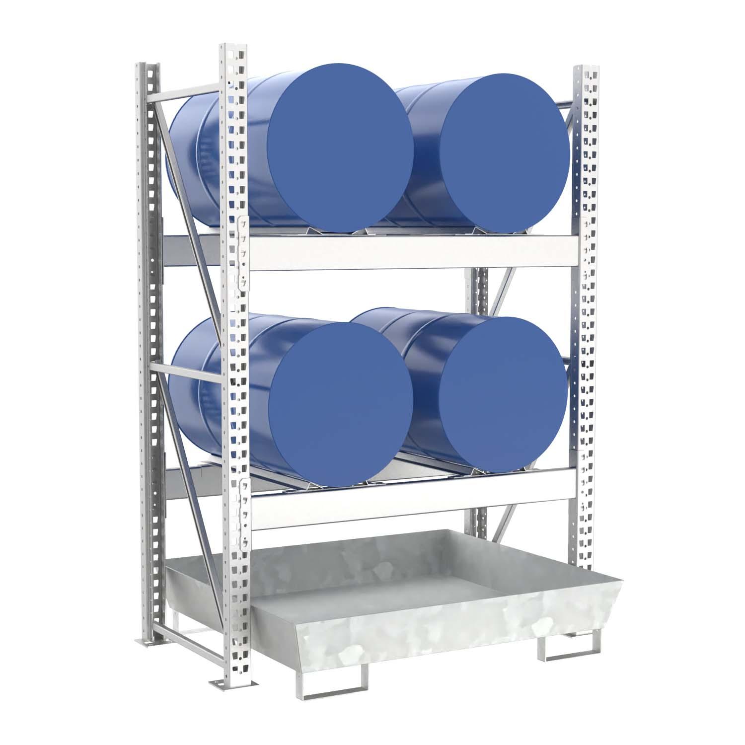 Fassregal mit Stahlauffangwanne, Grundeinheit, 2 Ebenen, 4 x 200 l liegend Fassregale Produktbild Fassregal mit Stahlauffangwanne, Grundeinheit, 2 Ebenen, 4 x 200 l liegend