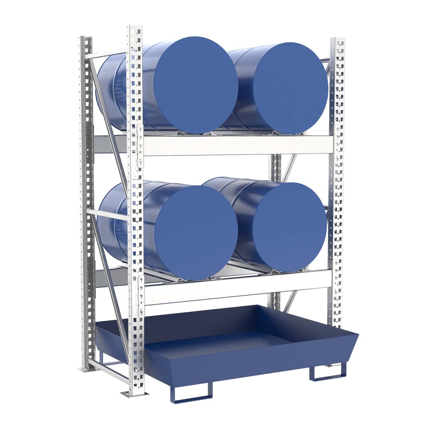 Fassregal mit lackierter Stahlauffangwanne, Grundeinheit, 2 Ebenen, 4 x 200 l liegend Fassregale Produktbild Fassregal mit lackierter Stahlauffangwanne, Grundeinheit, 2 Ebenen, 4 x 200 l liegend