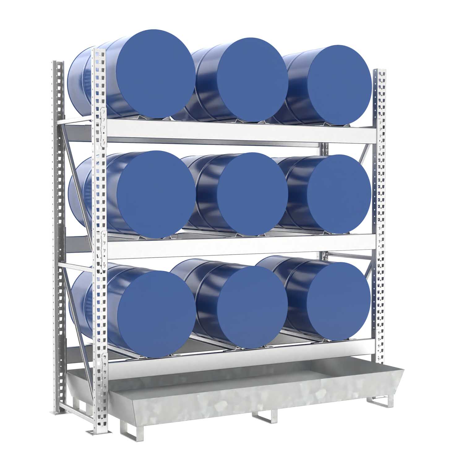 Fassregal mit Stahlauffangwanne, Grundeinheit, 3 Ebenen, 9 x 200 l liegend Fassregale Produktbild Fassregal mit Stahlauffangwanne, Grundeinheit, 3 Ebenen, 9 x 200 l liegend