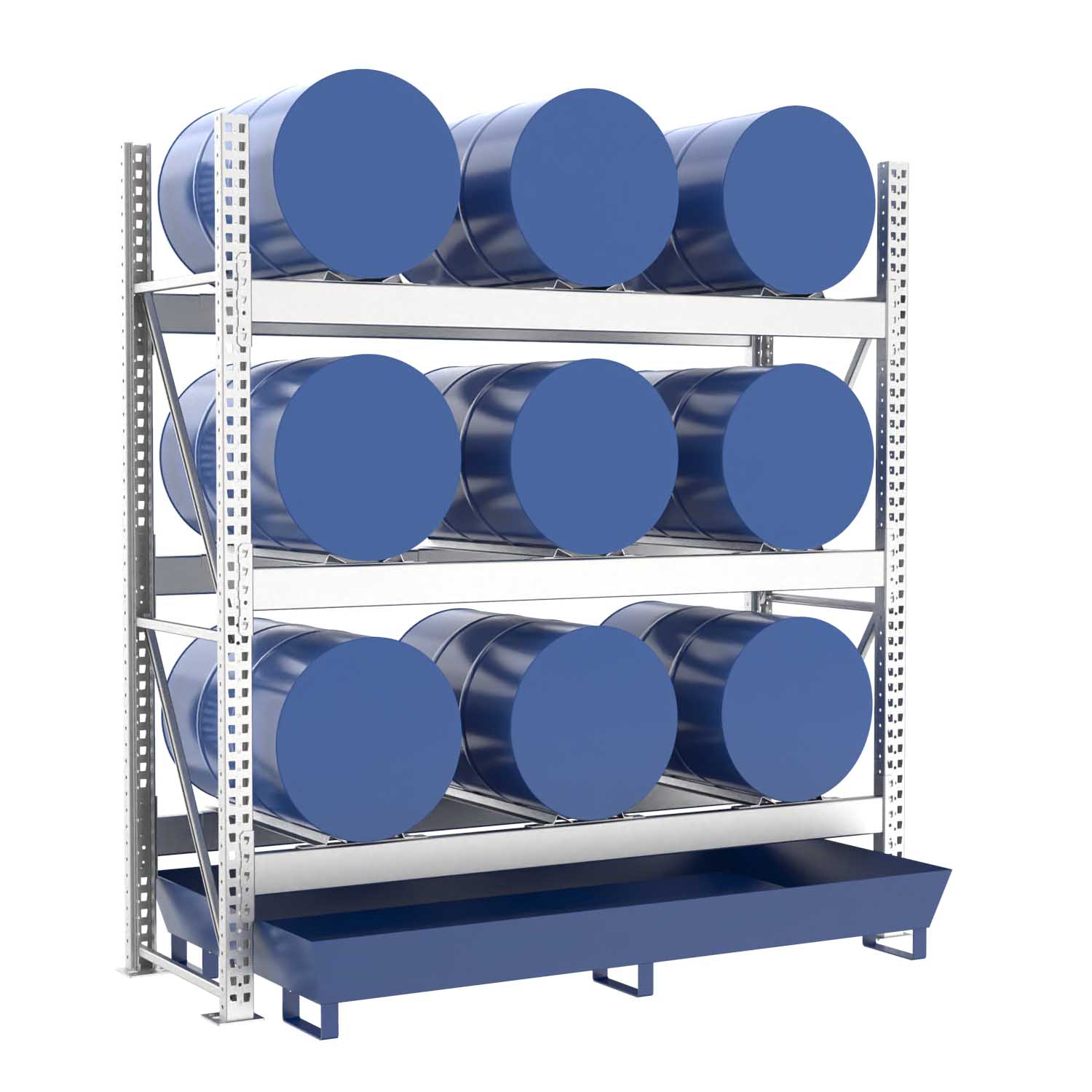 Fassregal mit lackierter Stahlauffangwanne, Grundeinheit, 3 Ebenen, 9 x 200 l liegend Fassregale Produktbild Fassregal mit lackierter Stahlauffangwanne, Grundeinheit, 3 Ebenen, 9 x 200 l liegend