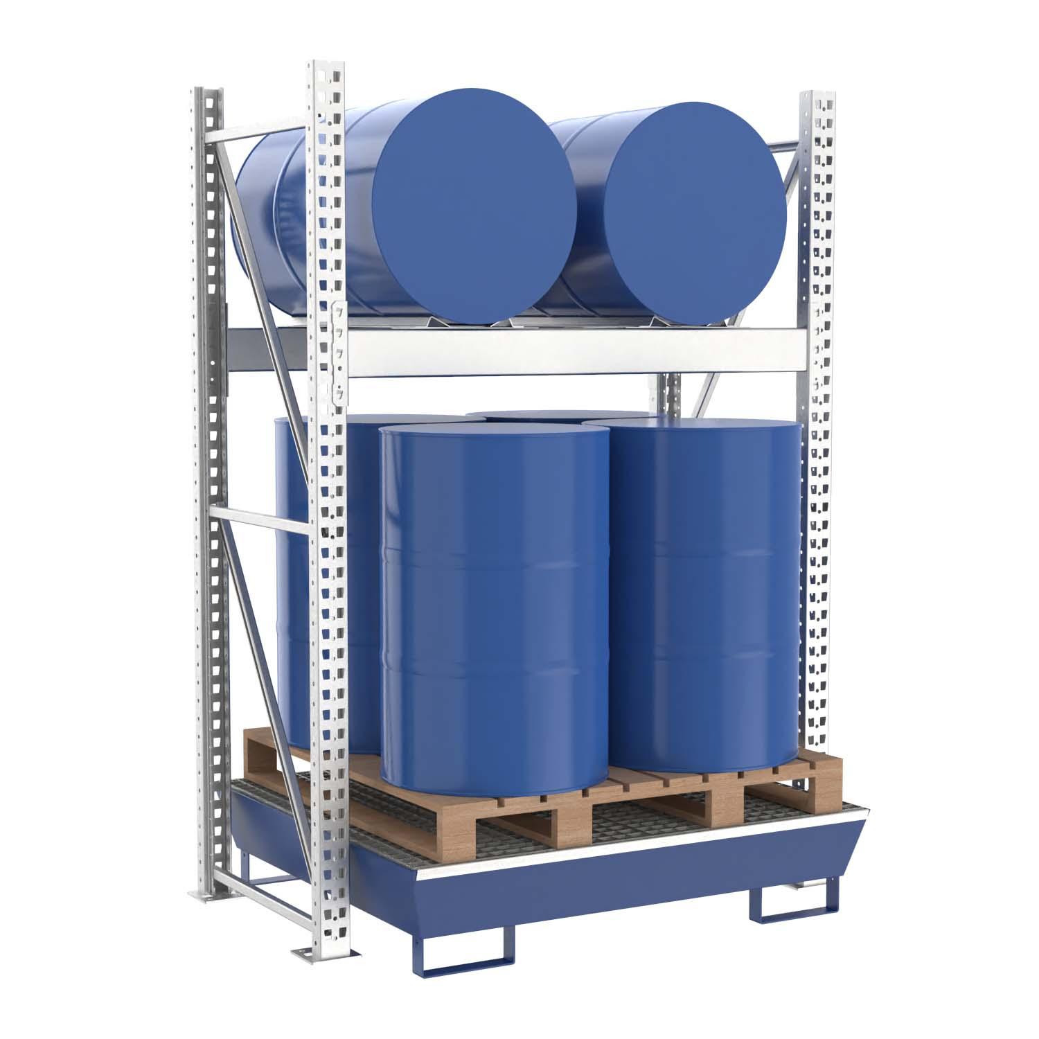 Fassregal mit lackierter Stahlauffangwanne, Grundeinheit, 2 Ebenen, 2 x 200 l liegend / 4 x 200 l stehend Fassregale Produktbild Fassregal mit lackierter Stahlauffangwanne, Grundeinheit, 2 Ebenen, 2 x 200 l liegend / 4 x 200 l stehend