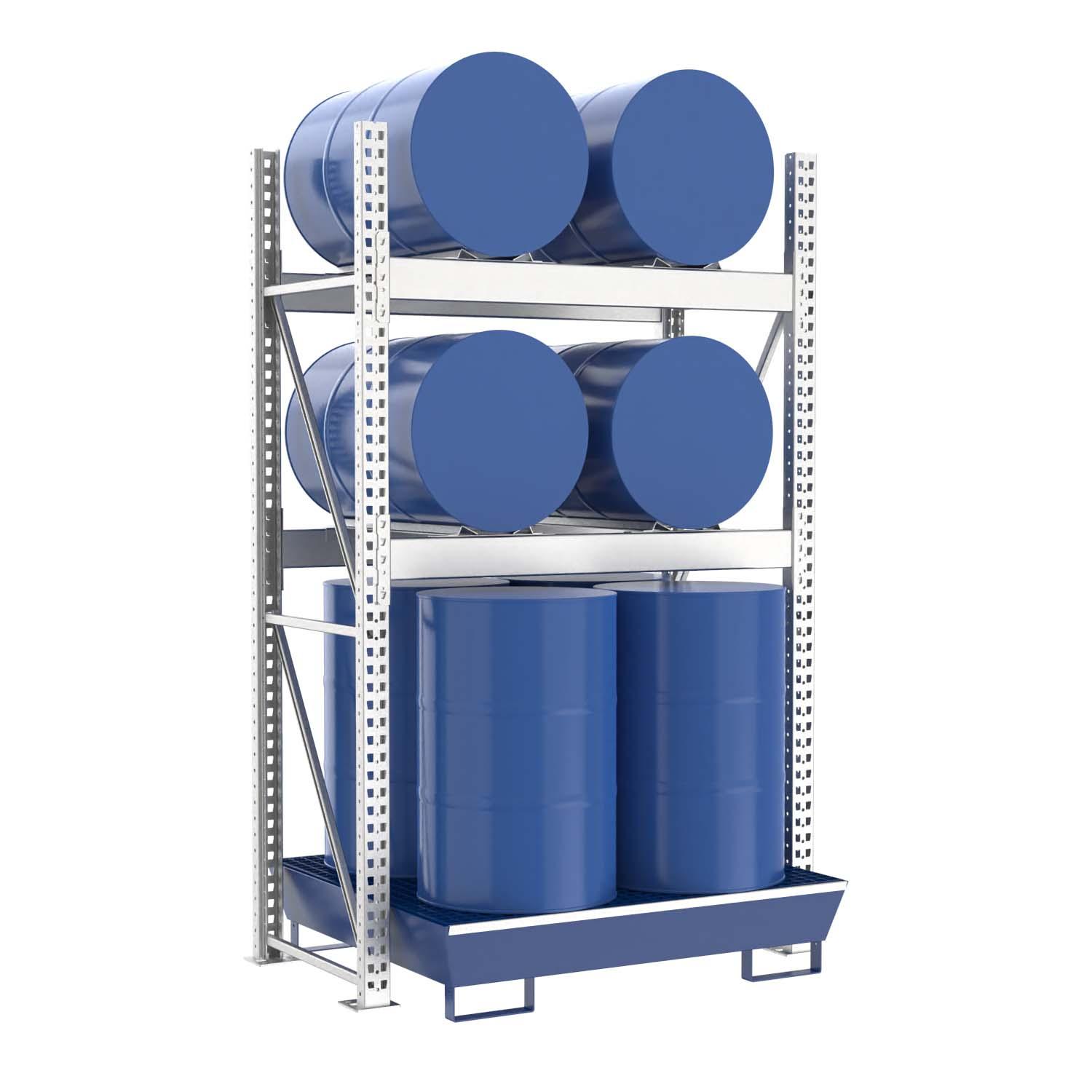 Fassregal mit lackierter Stahlauffangwanne, Grundeinheit, 3 Ebenen, 4 x 200 l liegend / 4 x 200 l stehend Fassregale Produktbild Fassregal mit lackierter Stahlauffangwanne, Grundeinheit, 3 Ebenen, 4 x 200 l liegend / 4 x 200 l stehend