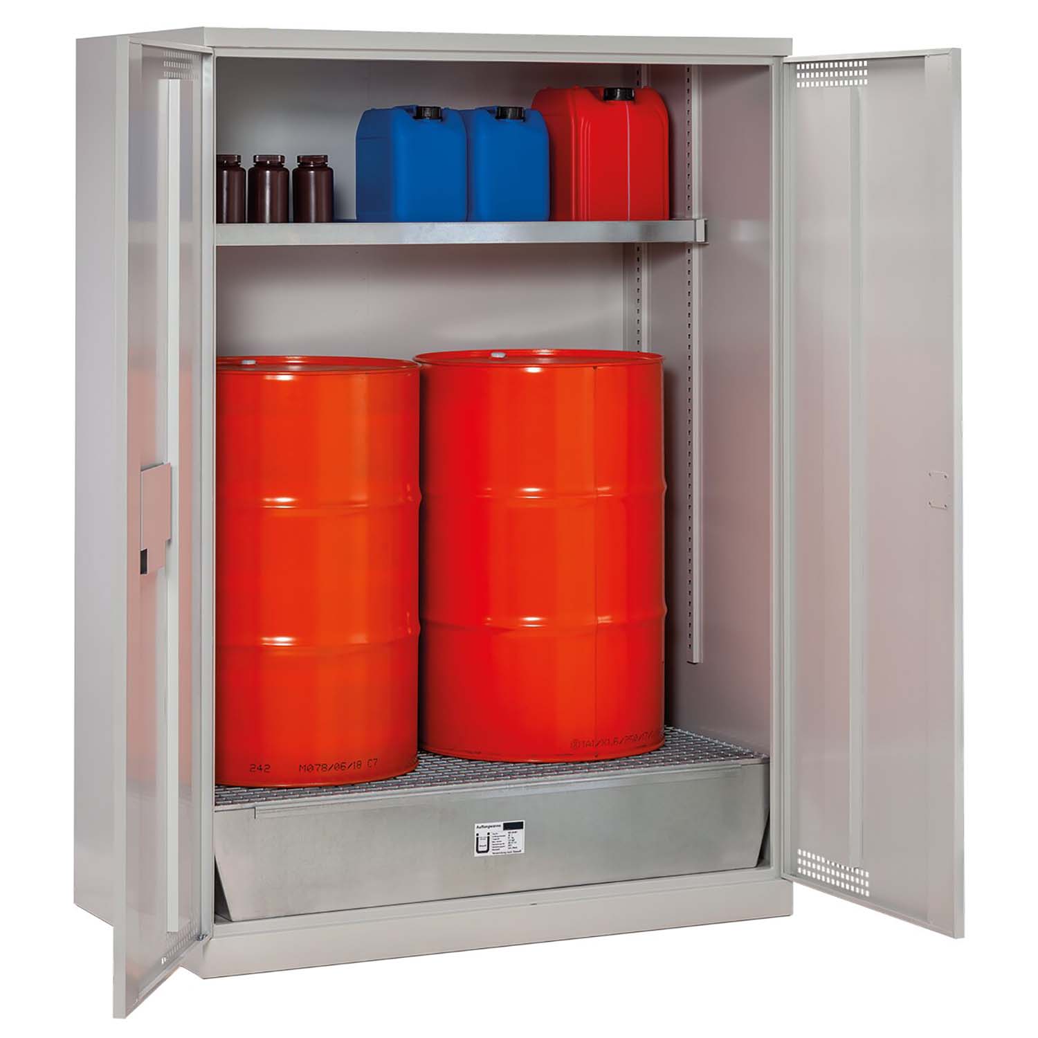 Fassschrank aus Stahl mit Auffangwanne 210 l mit Gitterrost und kleiner Auffangwanne 30 l, 1400 x 840 x 1950 mm Umweltschrank Produktbild Fassschrank aus Stahl mit Auffangwanne 210 l mit Gitterrost, 1400 x 840 x 1950 mm