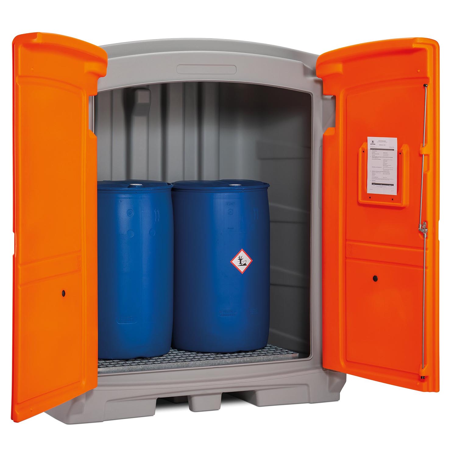 Gefahrstoffdepot aus Polyethylen (PE), für 2 x 200 l Fässer, Auffangvolumen 220 l Gefahrstoffdepots aus PE Produktbild Gefahrstoffdepot aus Polyethylen (PE), für 2 x 200 l Fässer, Auffangvolumen 220 l