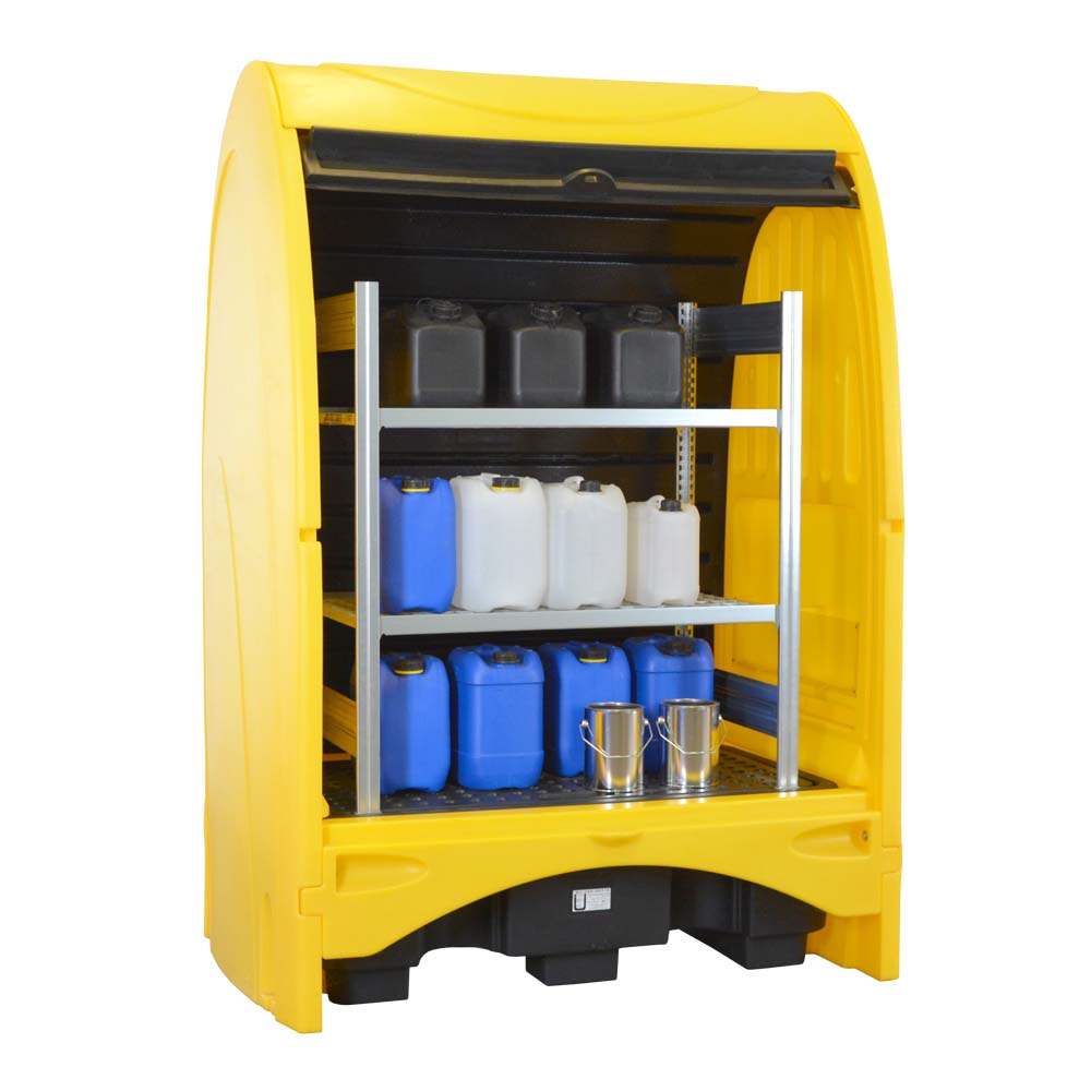 Regalset für Gefahrstoffstationen aus PE zur Lagerung von Kleingebinden und Kanistern, 2 Gitterrostebenen Gefahrstoffdepots aus PE Produktbild Gefahrstoffstation aus Polyethylen (PE), für 2 x 200 l Fässer, Auffangvolumen 236 l