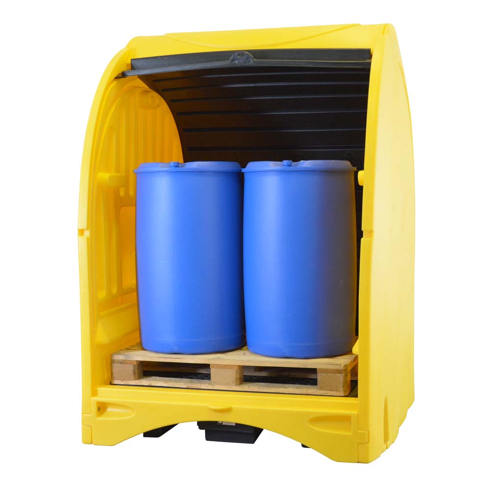 Gefahrstoffstation aus Polyethylen (PE), für 4 x 200 l Fässer, Auffangvolumen 242 l, Rolladen Gefahrstoffdepots aus PE Produktbild Gefahrstoffstation aus Polyethylen (PE), für 4 x 200 l Fässer, Auffangvolumen 242 l