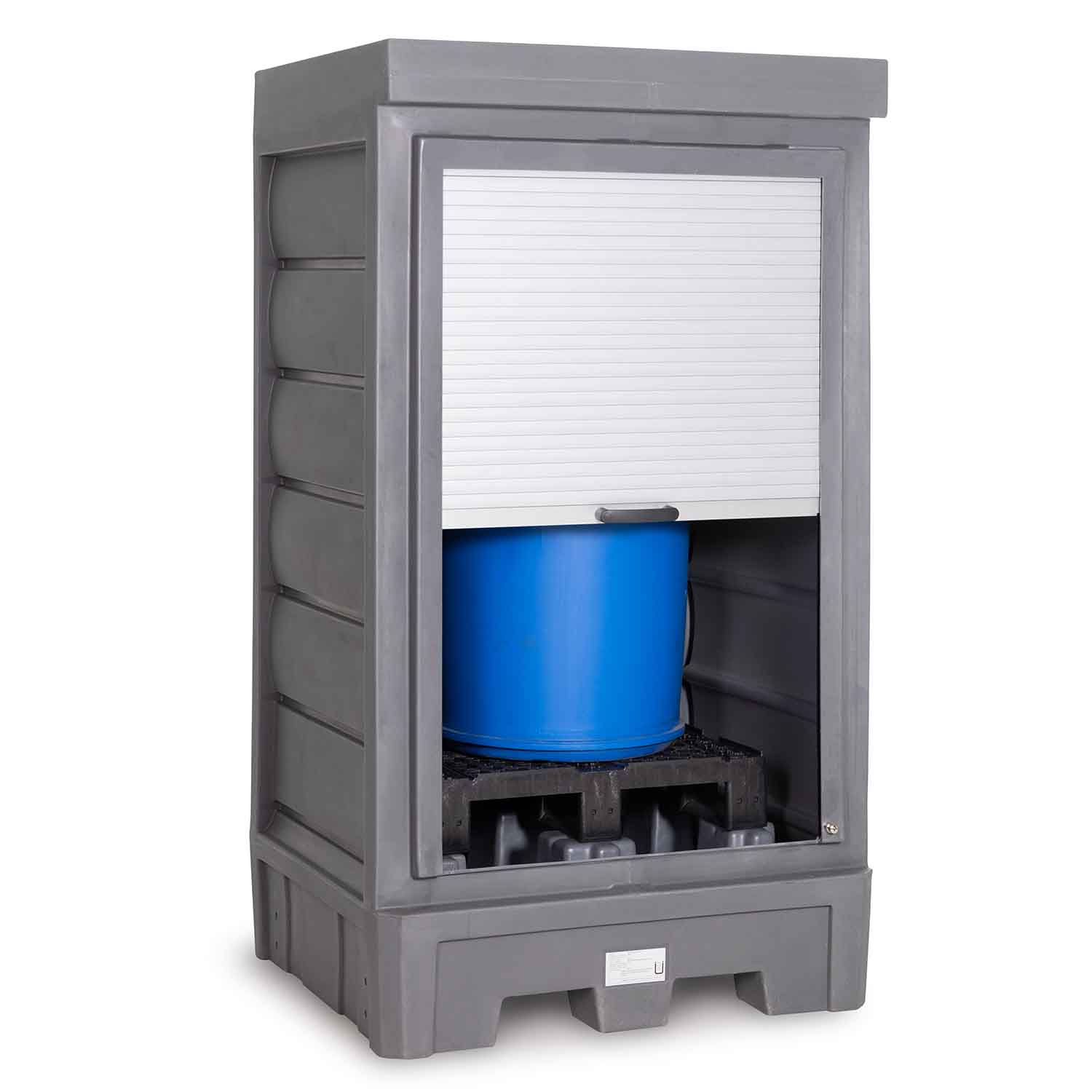 Gefahrstoffdepot aus Polyethylen (PE), für 1 x 200 l Fass, Auffangvolumen 245 l, mit Rolladen Gefahrstoffdepots aus PE Produktbild Gefahrstoffdepot aus Polyethylen (PE), für 1 x 200 l Fass, Auffangvolumen 245 l, mit Rolladen