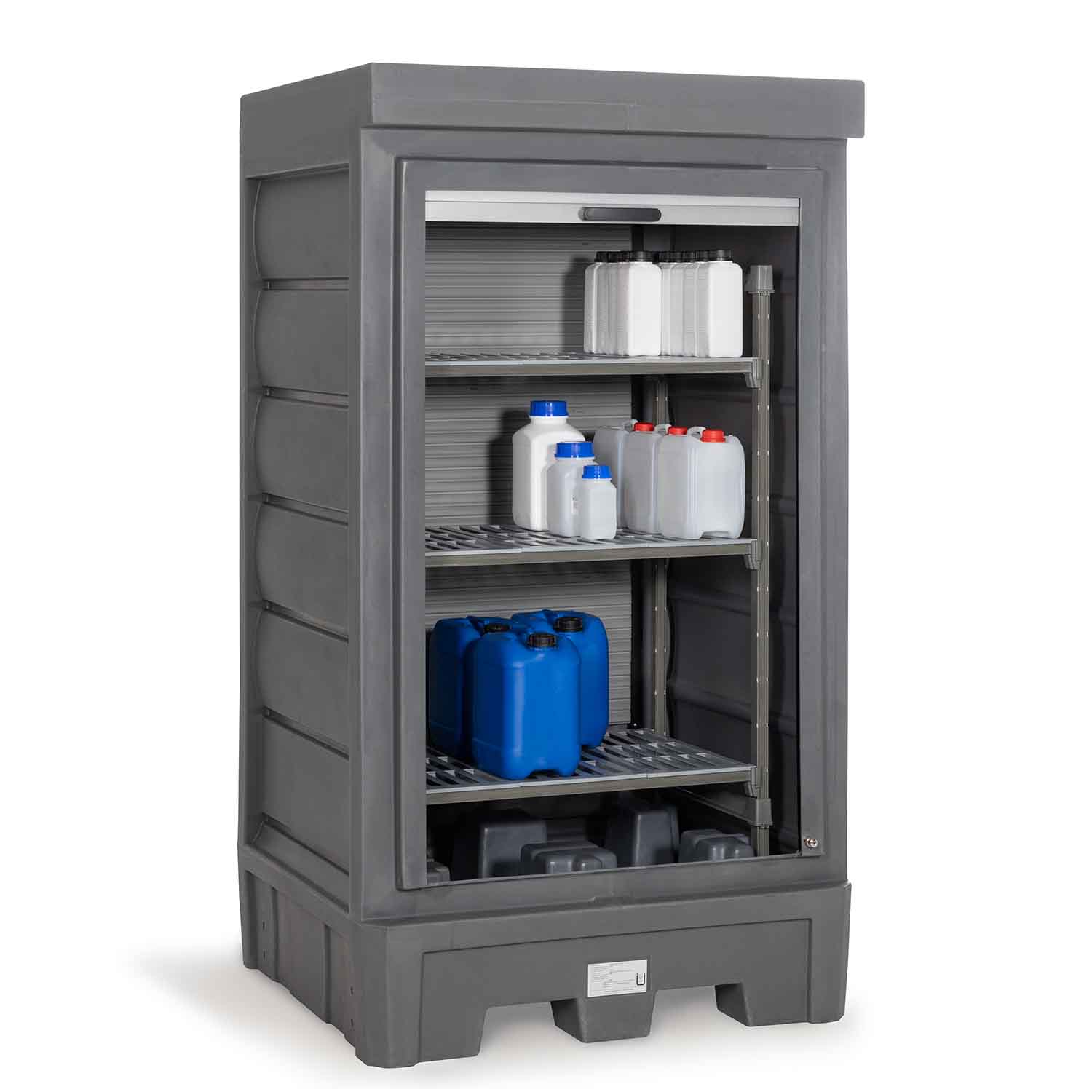 Gefahrstoffdepot aus Polyethylen (PE), Auffangvolumen 245 l, Rolladen, Lagerregal aus Kunststoff Gefahrstoffdepots aus PE Produktbild Gefahrstoffdepot aus Polyethylen (PE), Auffangvolumen 245 l, Rolladen, Lagerregal aus Kunststoff