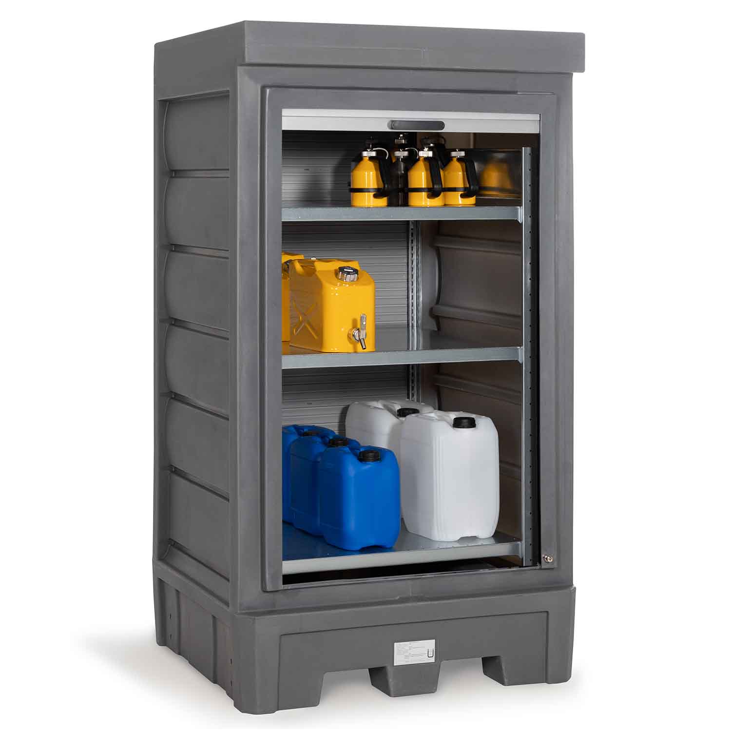 Gefahrstoffdepot aus Polyethylen (PE), Auffangvolumen 245 l, Rolladen, Lagerregal aus Stahl Gefahrstoffdepots aus PE Produktbild Gefahrstoffdepot aus Polyethylen (PE), Auffangvolumen 245 l, Rolladen, Lagerregal aus Stahl