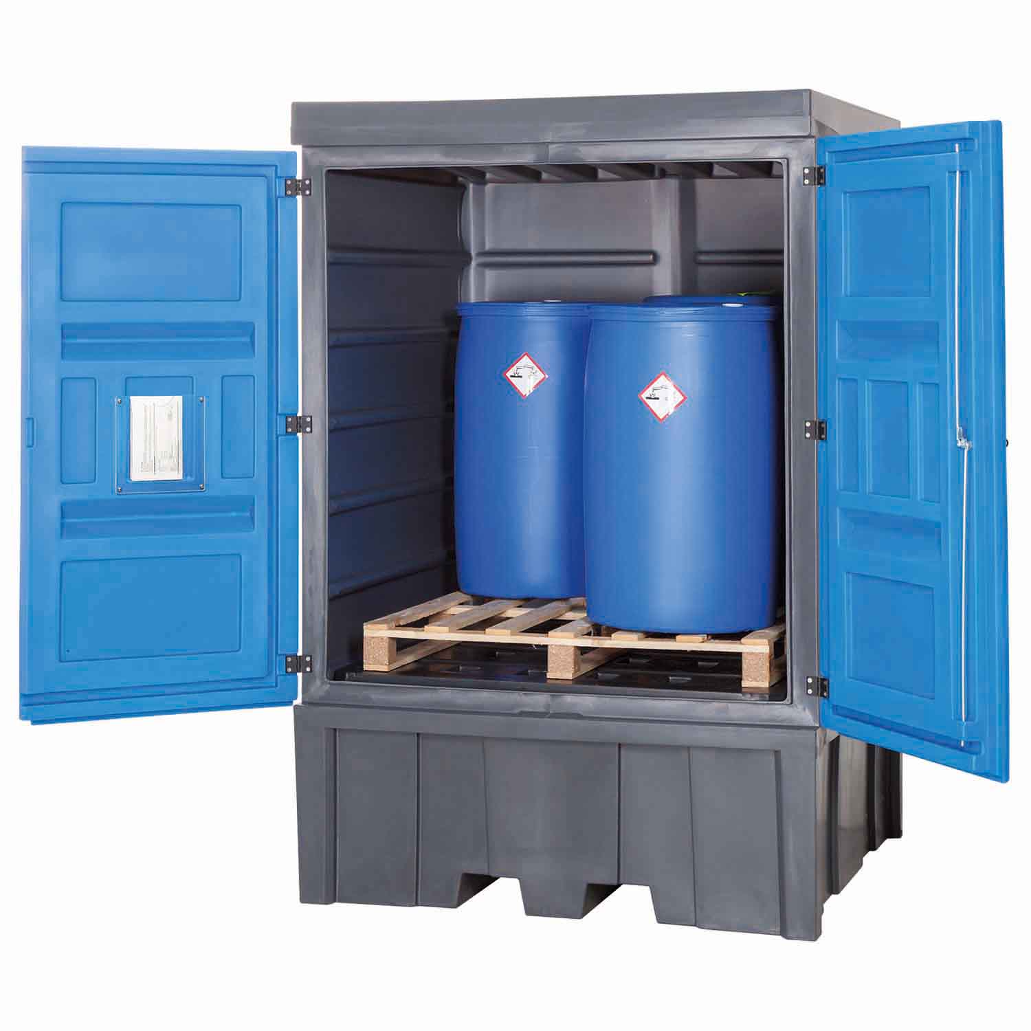 Gefahrstoffdepot aus Polyethylen (PE), für 4 x 200 l Fässer oder 1 IBC, Auffangvolumen 1000 l Gefahrstoffdepots aus PE Produktbild Gefahrstoffdepot aus Polyethylen (PE), für 4 x 200 l Fässer oder 1 IBC, Auffangvolumen 1000 l