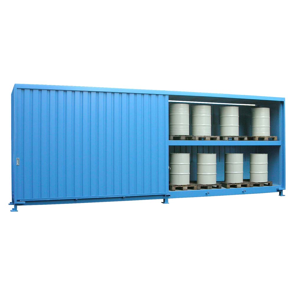 Gefahrstoff-Regalcontainer zur stehenden Fasslagerung im Freien, für 48 x 200 l Fässer, 8100x1530x3080mm Gefahrstoff-Regalcontainer Produktbild Gefahrstoff-Regalcontainer zur stehenden Fasslagerung im Freien, für 48 x 200 l Fässer, 8100x1530x3080mm