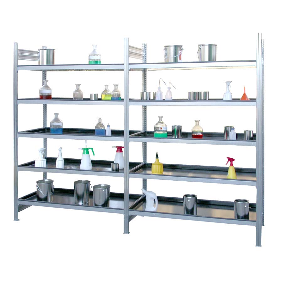 Kleingebinderegal, Grundeinheit mit 5 Regalwannen aus Polyethylen (PE), Feldweite 1300 mm Kleingebinderegale Produktbild Kleingebinderegal, Grundeinheit mit 4 Regalwannen aus Polyethylen (PE), Feldweite 1300 mm