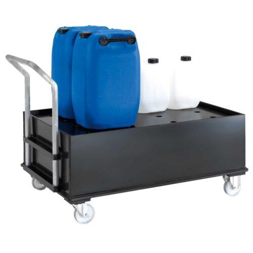Fahrbare Auffangwanne aus Kunststoff für bis zu 2 x 200 l Fässer, Auffangvolumen 225 l Fahrbare Auffangwannen aus Kunststoff Produktbild Fahrbare Auffangwanne aus Kunststoff für bis zu 2 x 200 l Fässer, Auffangvolumen 225 l