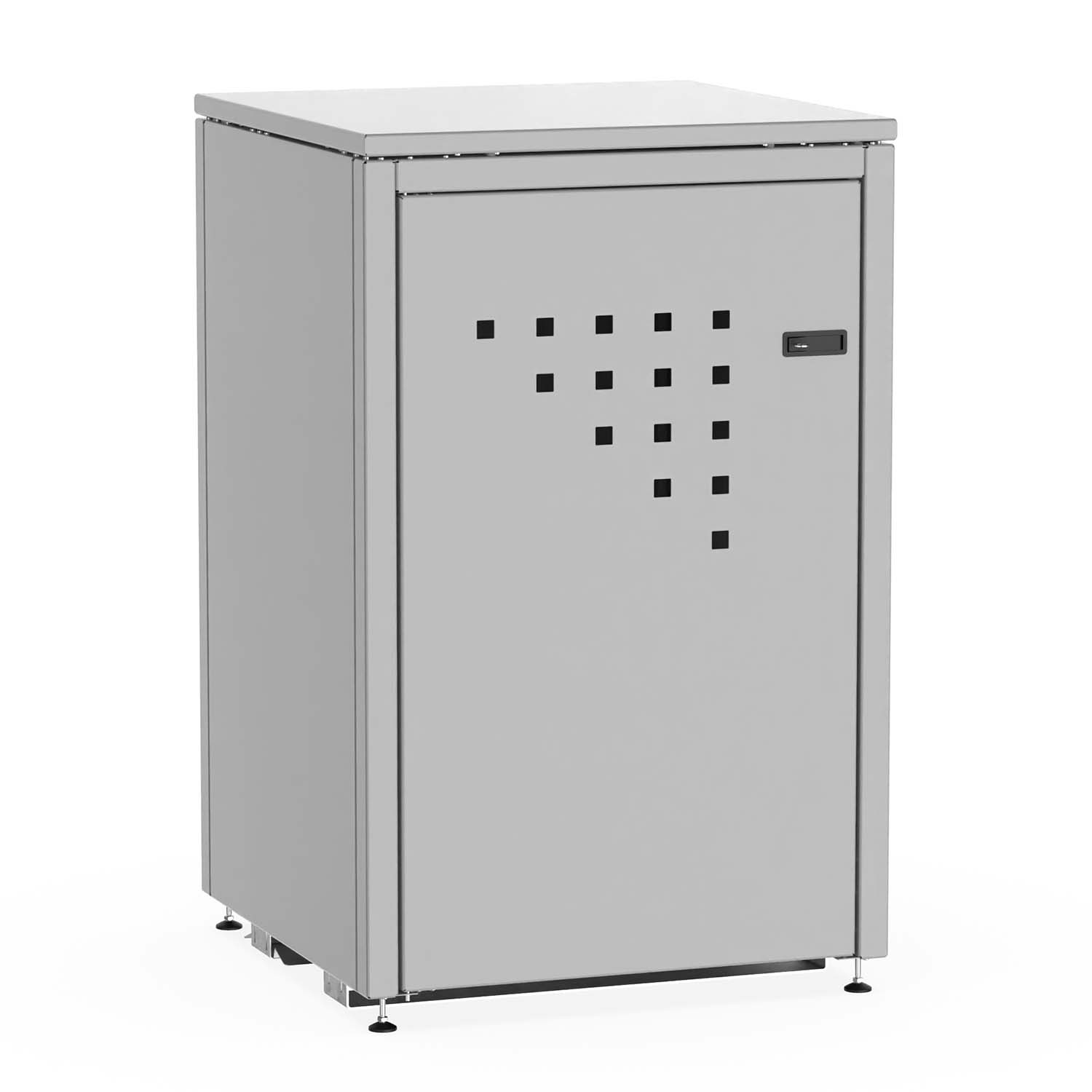 Mülltonnenbox für 1 Mülltonne, Flügeltür, aus Stahl, farbbeschichtet, abschließbar, mit Gelenkfüßen Mülltonnenbox Produktbild Mülltonnenbox für 1 Mülltonne, Flügeltür, aus Stahl, farbbeschichtet, abschließbar, mit Gelenkfüßen