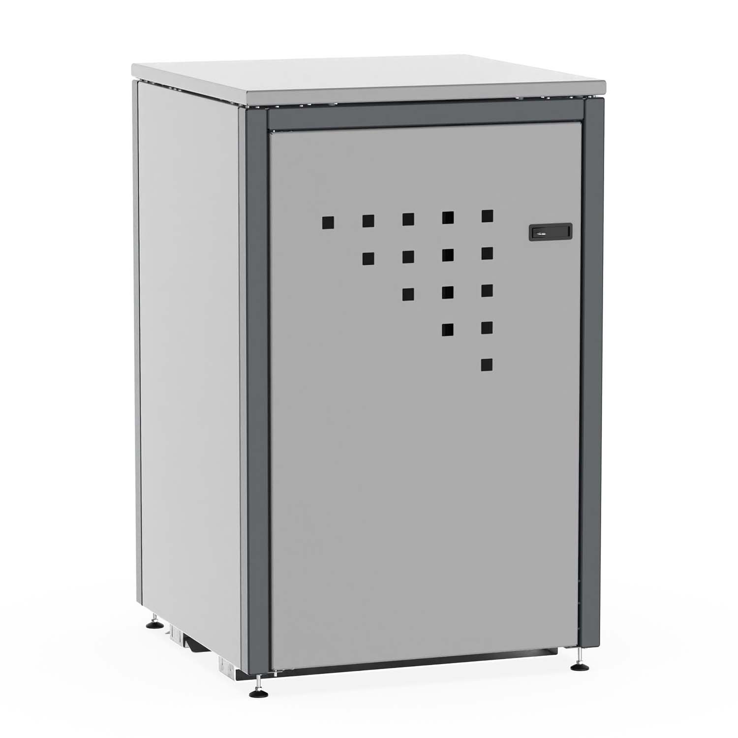 Mülltonnenbox für 1 Mülltonne, Flügeltür, aus Stahl, farbbeschichtet, abschließbar, mit Gelenkfüßen Mülltonnenbox Produktbild Mülltonnenbox für 1 Mülltonne, Flügeltür, aus Stahl, farbbeschichtet, abschließbar, mit Gelenkfüßen