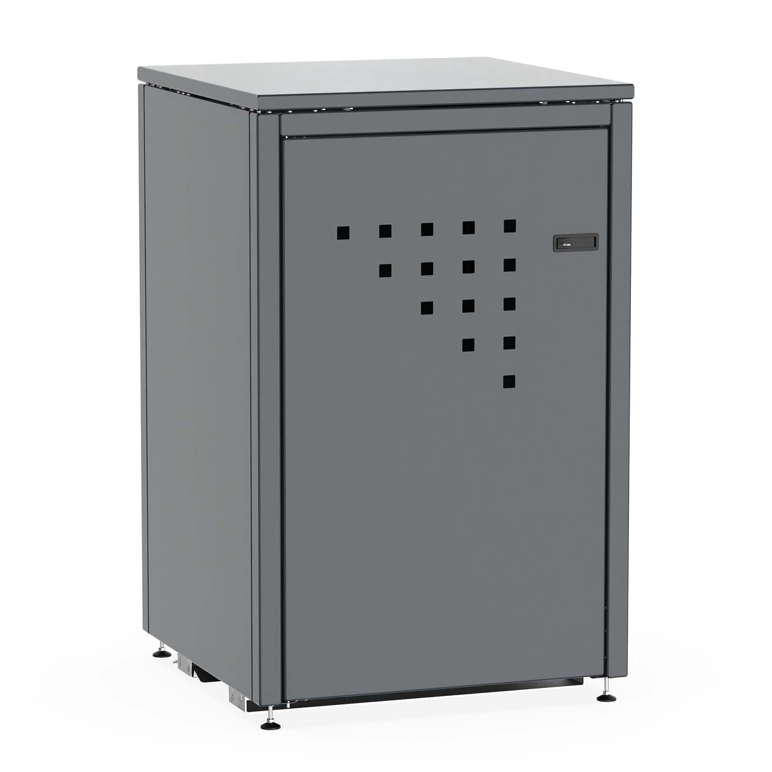 Mülltonnenbox für 1 Mülltonne, Flügeltür, aus Stahl, farbbeschichtet, abschließbar, mit Gelenkfüßen Mülltonnenbox Produktbild Mülltonnenbox für 1 Mülltonne, Flügeltür, aus Stahl, farbbeschichtet, abschließbar, mit Gelenkfüßen