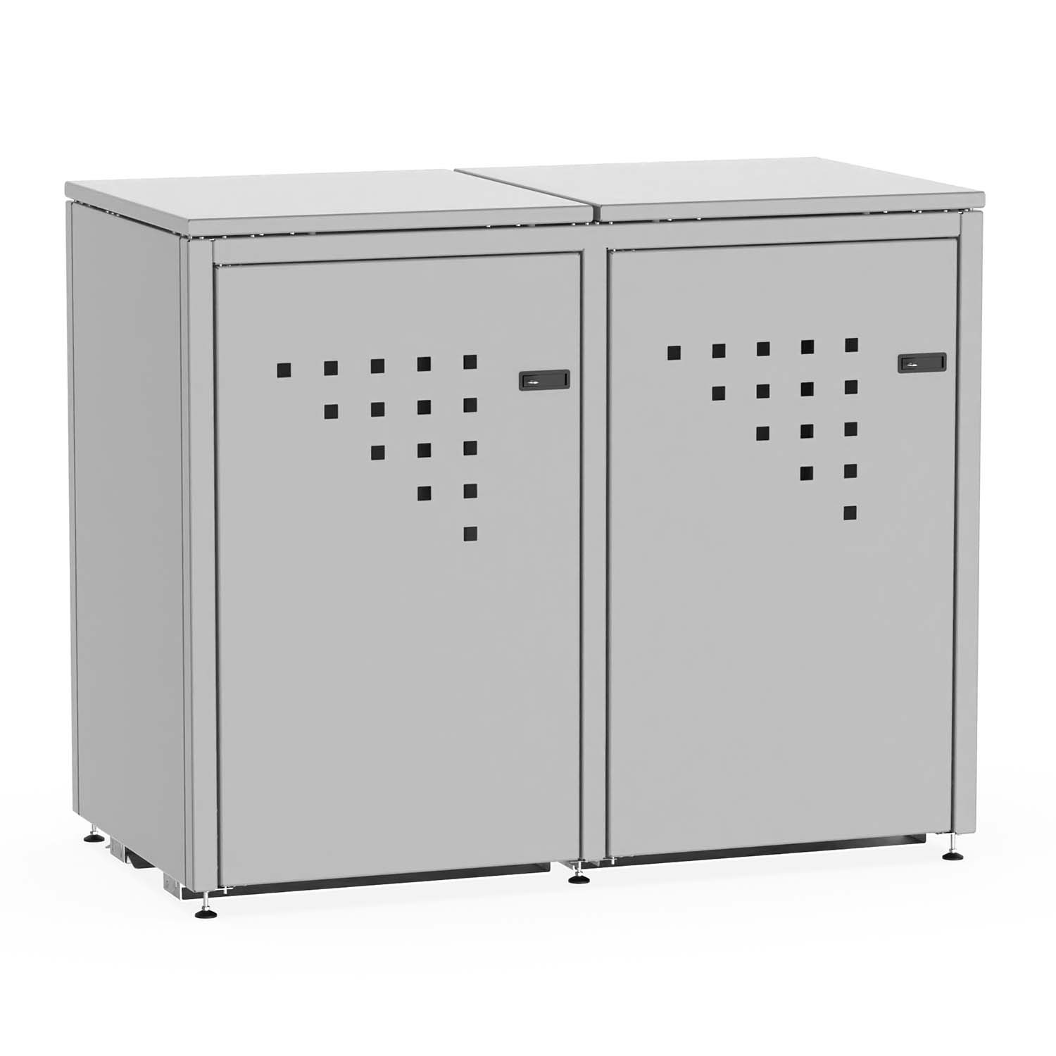 Mülltonnenbox für 2 Mülltonnen, Flügeltüren, aus Stahl, farbbeschichtet, abschließbar, mit Gelenkfüßen Mülltonnenbox Produktbild Mülltonnenbox für 2 Mülltonnen, Flügeltüren, aus Stahl, farbbeschichtet, abschließbar, mit Gelenkfüßen