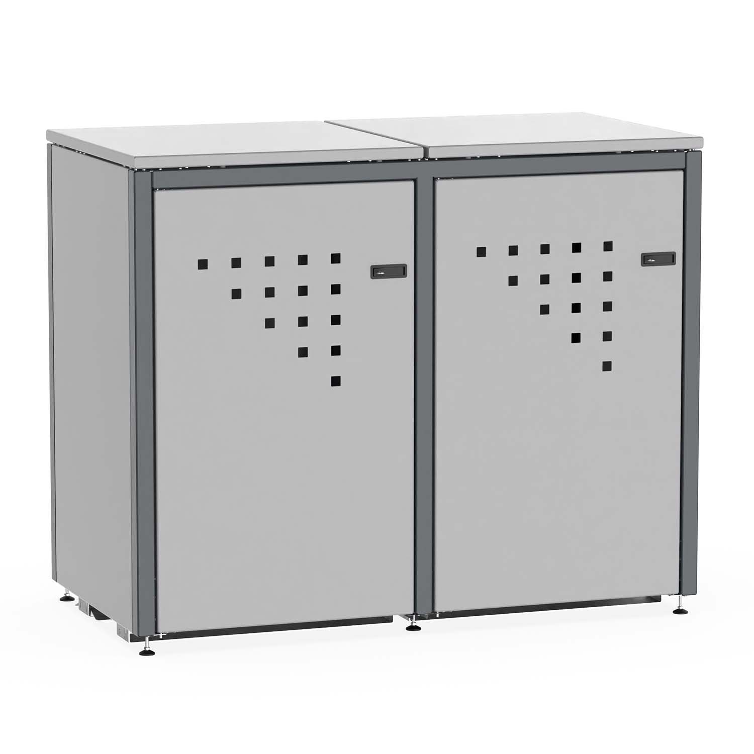 Mülltonnenbox für 2 Mülltonnen, Flügeltüren, aus Stahl, farbbeschichtet, abschließbar, mit Gelenkfüßen Mülltonnenbox Produktbild Mülltonnenbox für 2 Mülltonnen, Flügeltüren, aus Stahl, farbbeschichtet, abschließbar, mit Gelenkfüßen