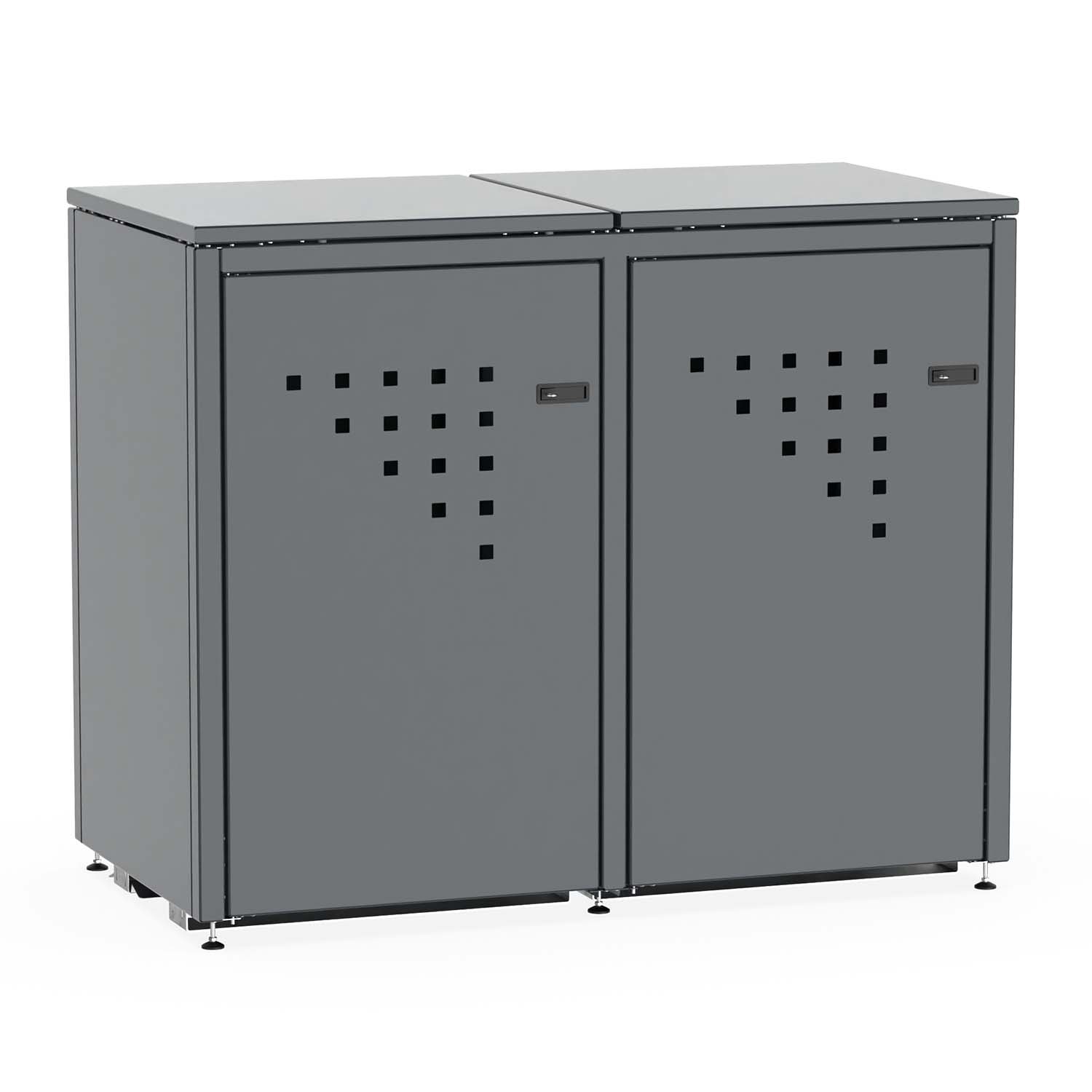 Mülltonnenbox für 2 Mülltonnen, Flügeltüren, aus Stahl, farbbeschichtet, abschließbar, mit Gelenkfüßen Mülltonnenbox Produktbild Mülltonnenbox für 2 Mülltonnen, Flügeltüren, aus Stahl, farbbeschichtet, abschließbar, mit Gelenkfüßen