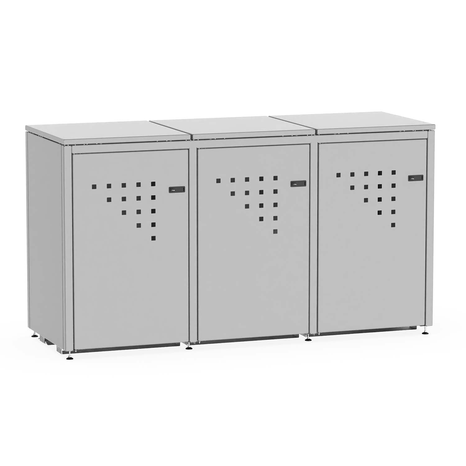 Mülltonnenbox für 3 Mülltonnen, Flügeltüren, aus Stahl, farbbeschichtet, abschließbar, mit Gelenkfüßen Mülltonnenbox Produktbild Mülltonnenbox für 3 Mülltonnen, Flügeltüren, aus Stahl, farbbeschichtet, abschließbar, mit Gelenkfüßen