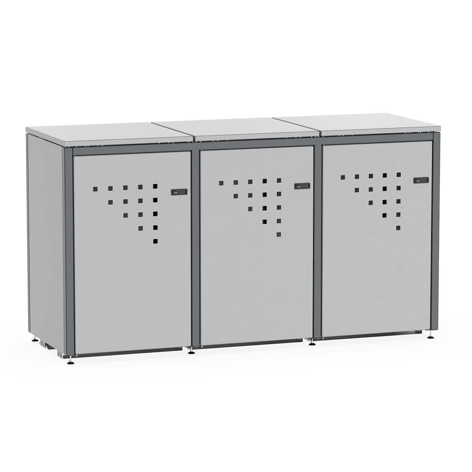 Mülltonnenbox für 3 Mülltonnen, Flügeltüren, aus Stahl, farbbeschichtet, abschließbar, mit Gelenkfüßen Mülltonnenbox Produktbild Mülltonnenbox für 3 Mülltonnen, Flügeltüren, aus Stahl, farbbeschichtet, abschließbar, mit Gelenkfüßen