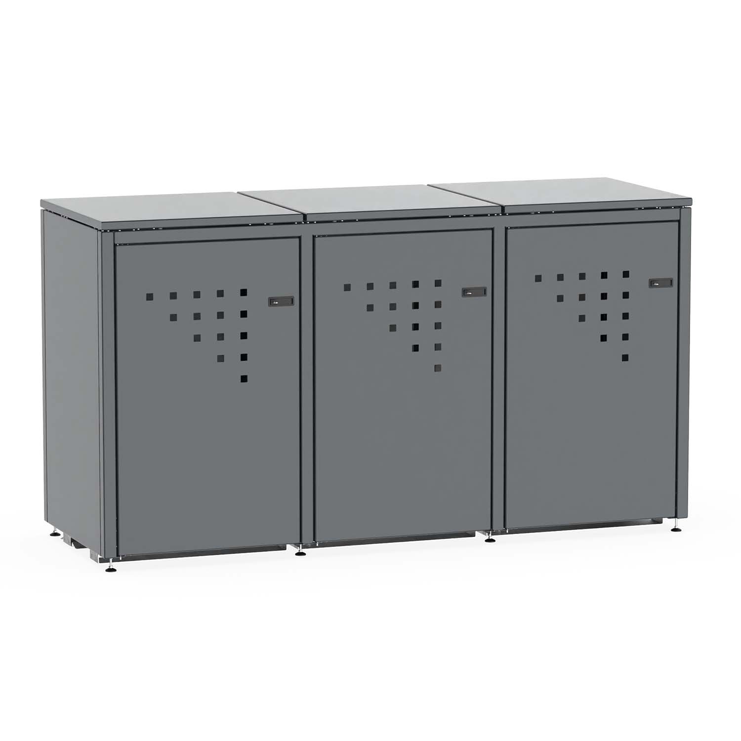 Mülltonnenbox für 3 Mülltonnen, Flügeltüren, aus Stahl, farbbeschichtet, abschließbar, mit Gelenkfüßen Mülltonnenbox Produktbild Mülltonnenbox für 3 Mülltonnen, Flügeltüren, aus Stahl, farbbeschichtet, abschließbar, mit Gelenkfüßen