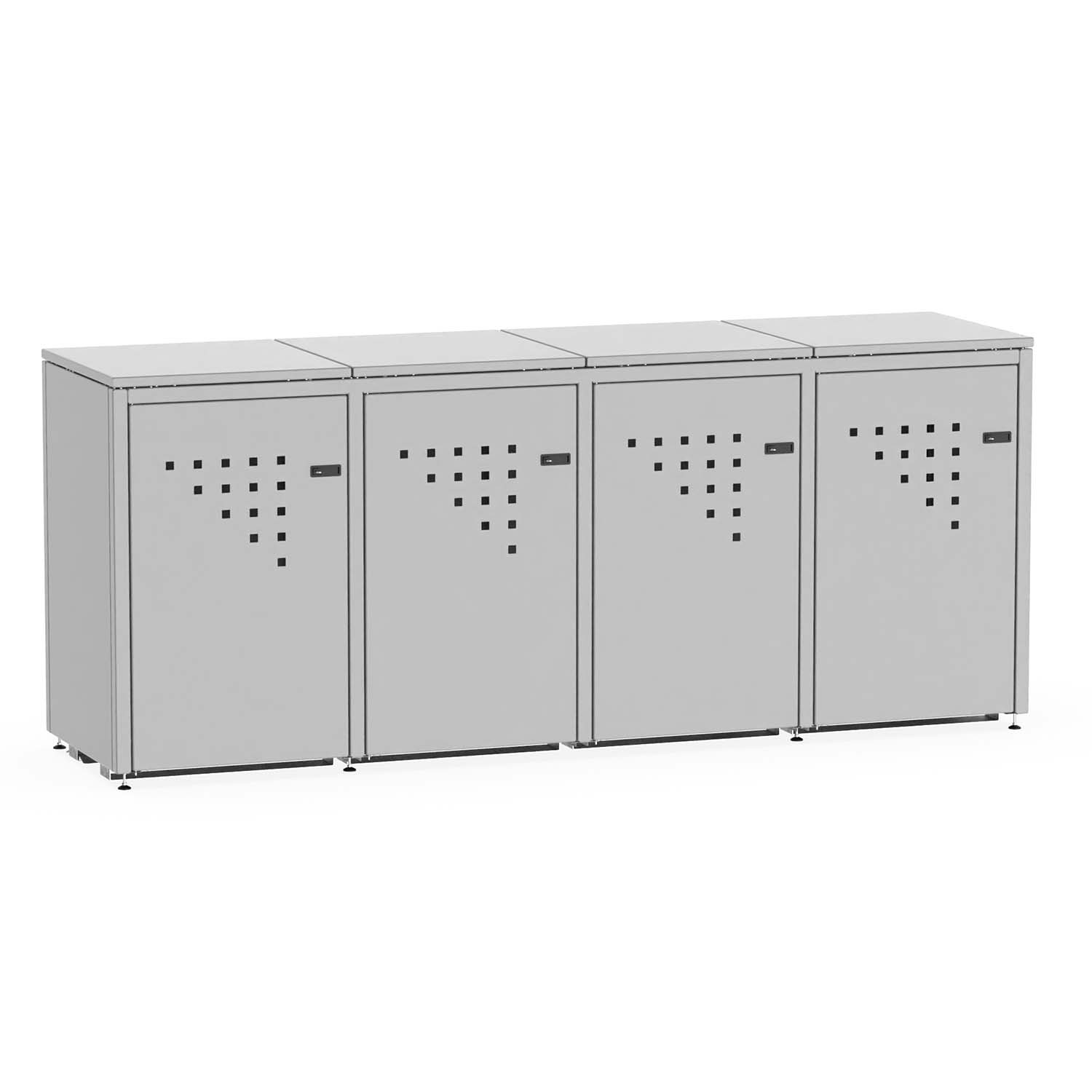 Mülltonnenbox für 4 Mülltonnen, Flügeltüren, aus Stahl, farbbeschichtet, abschließbar, mit Gelenkfüßen Mülltonnenbox Produktbild Mülltonnenbox für 4 Mülltonnen, Flügeltüren, aus Stahl, farbbeschichtet, abschließbar, mit Gelenkfüßen