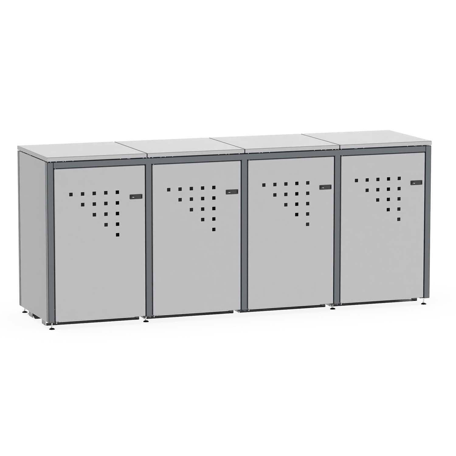 Mülltonnenbox für 4 Mülltonnen, Flügeltüren, aus Stahl, farbbeschichtet, abschließbar, mit Gelenkfüßen Mülltonnenbox Produktbild Mülltonnenbox für 4 Mülltonnen, Flügeltüren, aus Stahl, farbbeschichtet, abschließbar, mit Gelenkfüßen