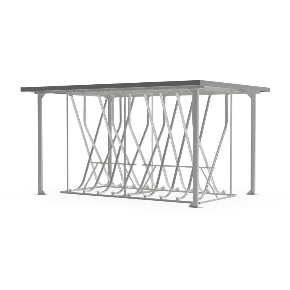 Schräghochparker, doppelseitig, freistehend, mit Flachdach Fahrradständer für E-Bikes Produktbild Schräghochparker, doppelseitig, freistehend, mit Flachdach