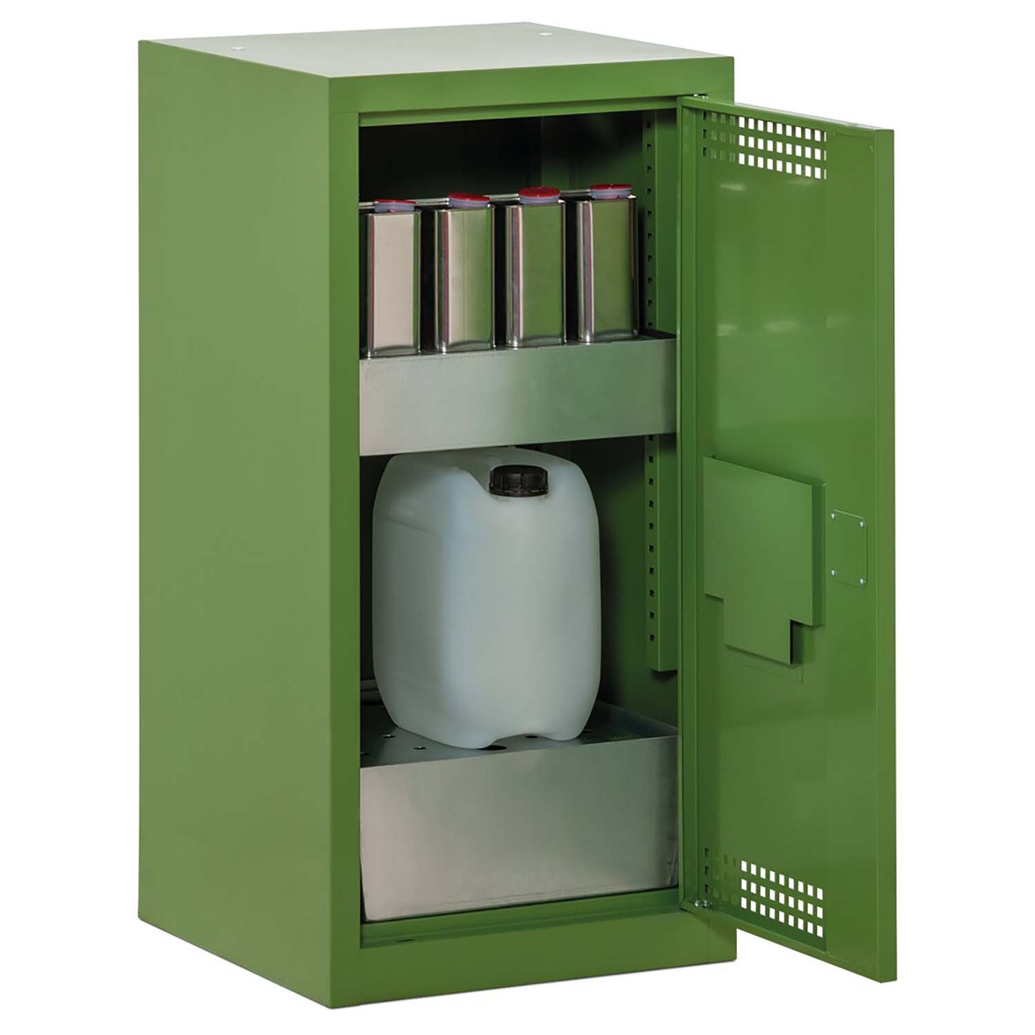 Pflanzenschutzmittel-Schrank mit Auffangwanne aus Stahl 30 l ohne Lochblech, Regalwanne 20 l, 500 x 500 x 1000 mm Umweltschrank Produktbild Pflanzenschutzmittel-Schrank mit Auffangwanne aus Stahl 30 l mit Lochblech, Regalwanne 20 l, 500 x 500 x 1000 mm